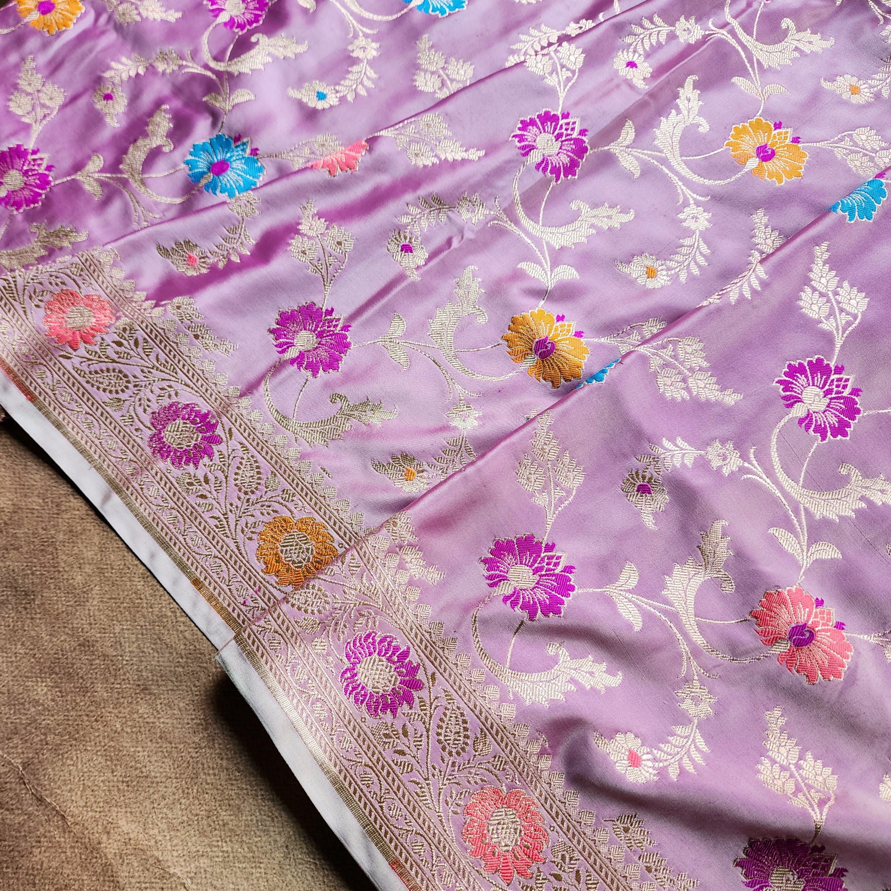 Enriched Banarasi Katan Silk Saree | Soft Lavender Pink Multicolor Meenakari Floral Jaal