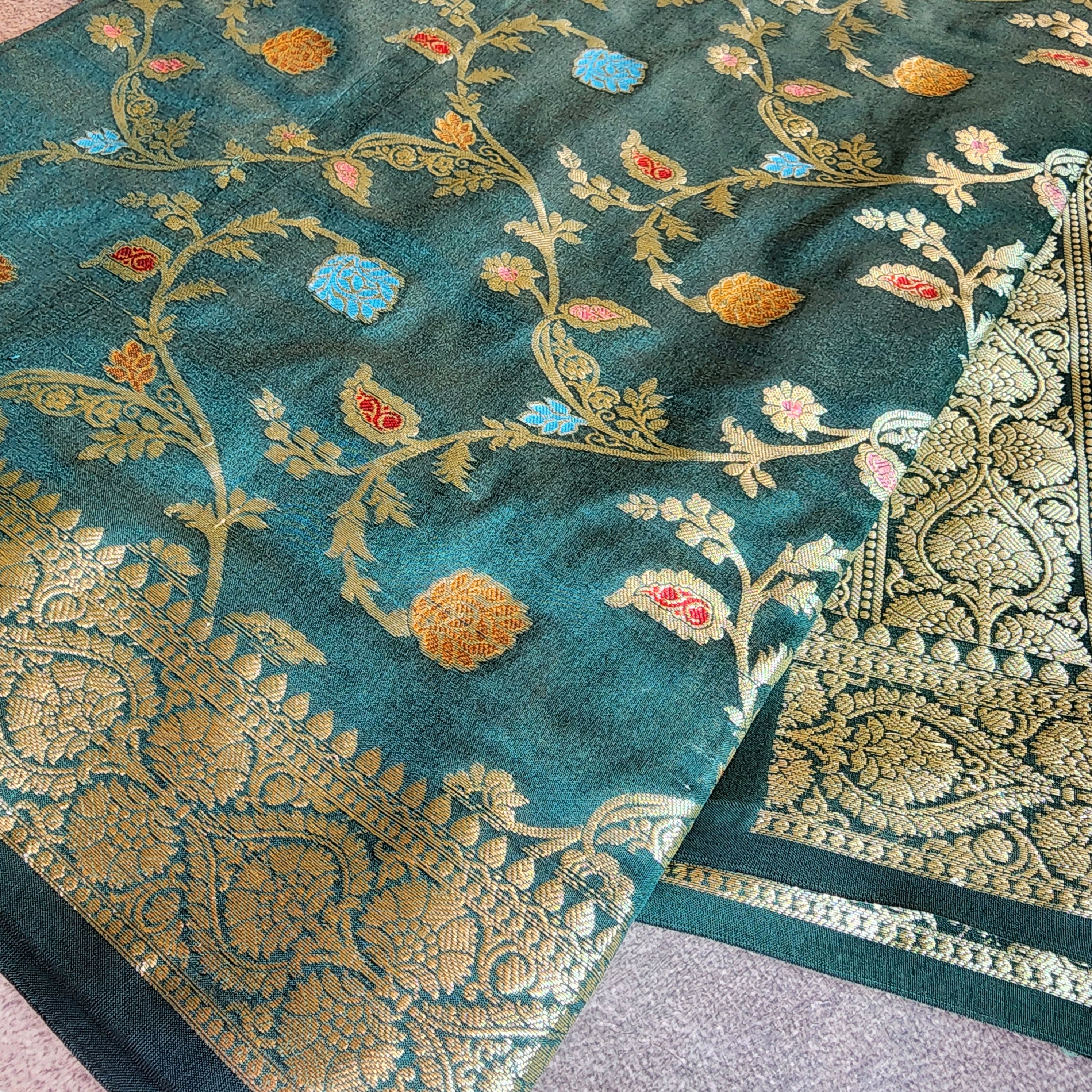 Bottle Green Banarasi Silk Dupatta with Gold Zari Border & Multicolor Meenakari Work