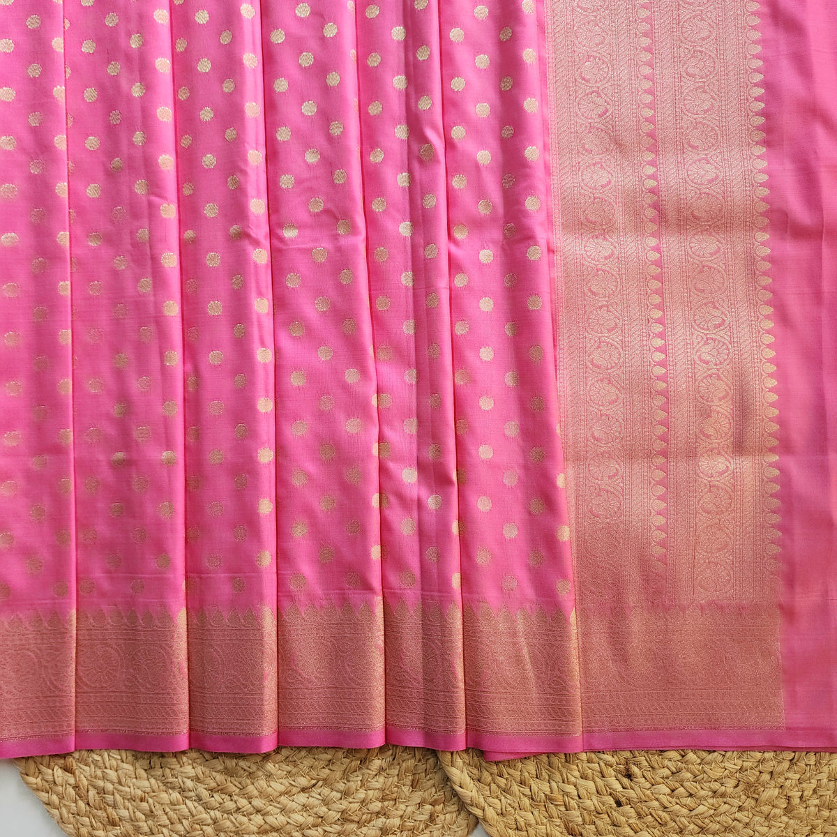 Rani Pink Banarasi Silk Dupatta with Gold Polka Dot