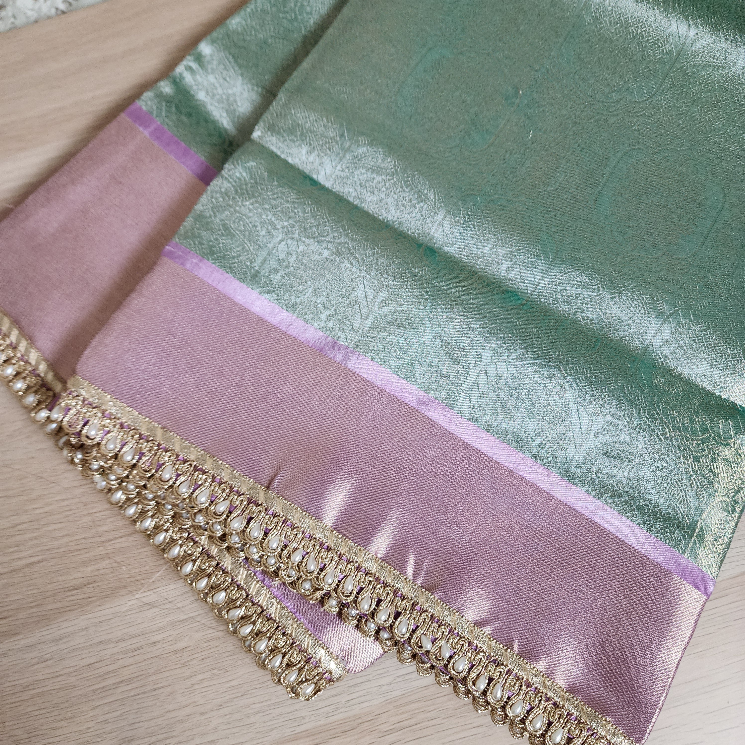 Pastel Sea Green and Pink Brocade Tissue Saree with beaded lace work