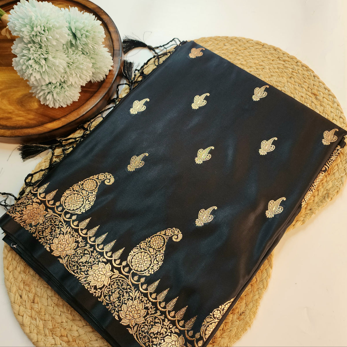 Black Paisley Katan Silk Saree with Gold Zari