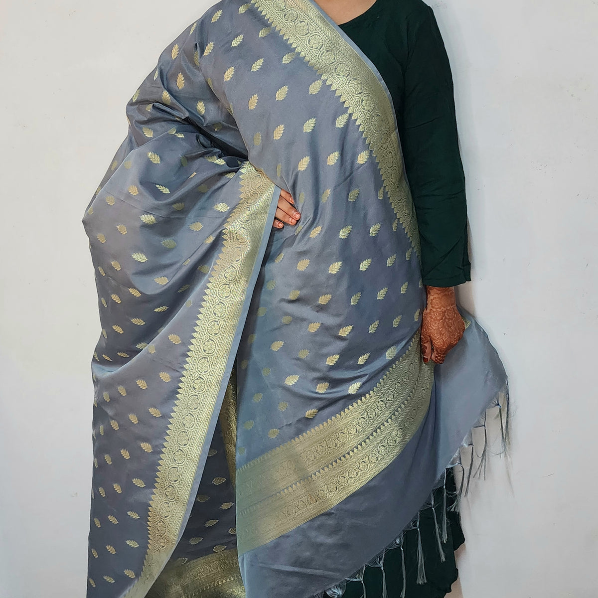 Steel Blue Banarasi Tapetta Silk Leaf Weave Dupatta