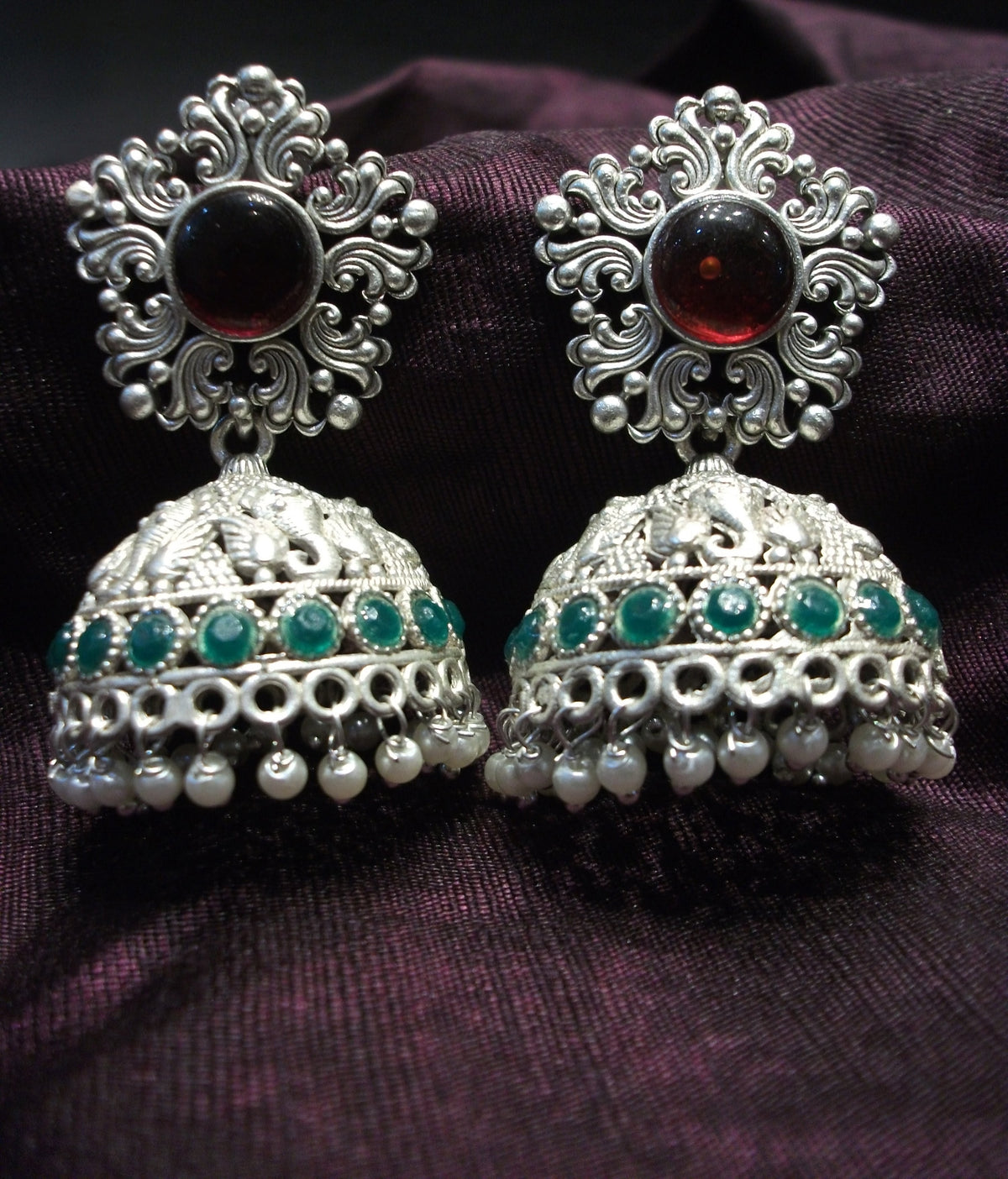Silver Ornate Red Stud & Green Beaded Jhumka Earrings