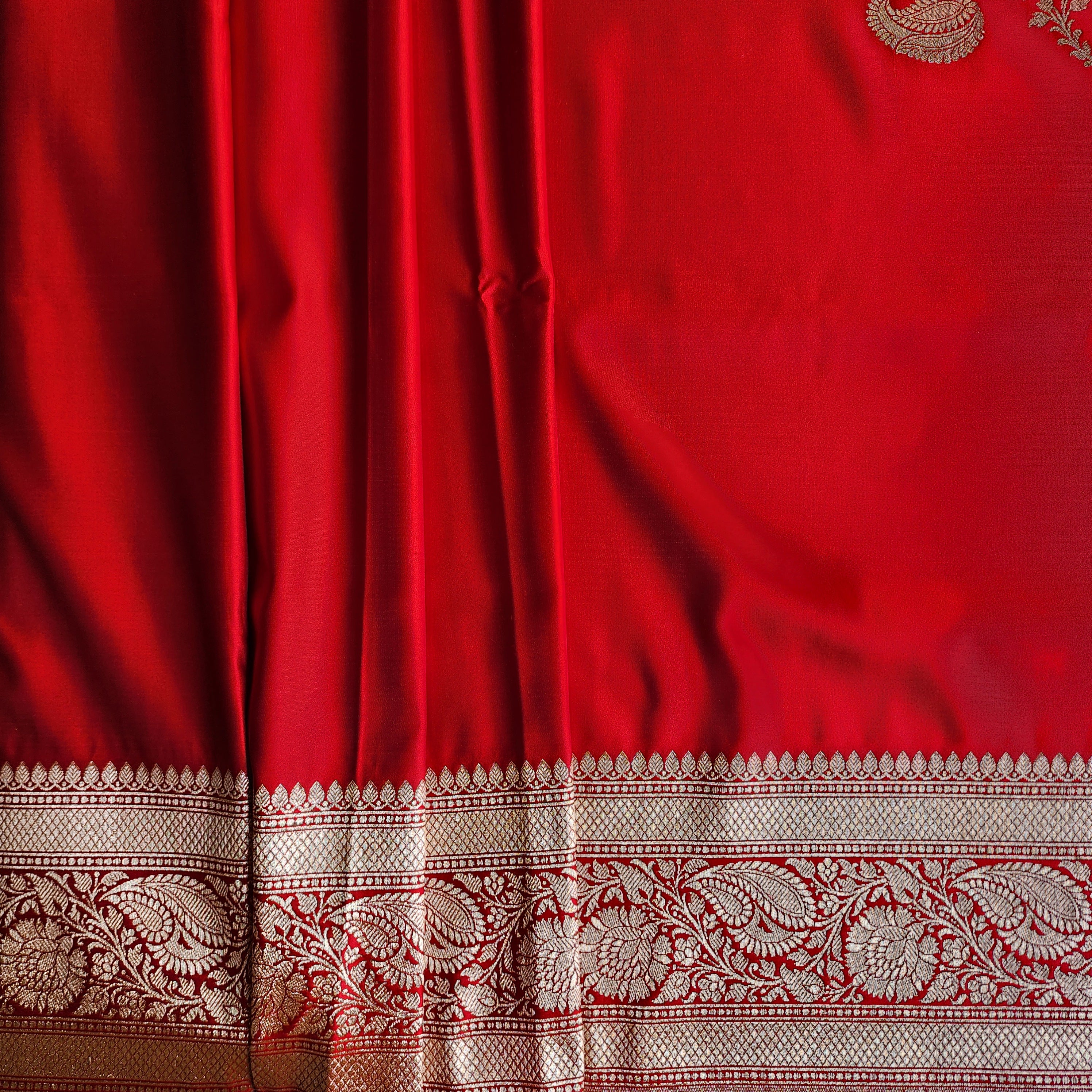 Rich Ruby Red Pure Banarasi Katan Silk Saree with light Gold Zari Weaving