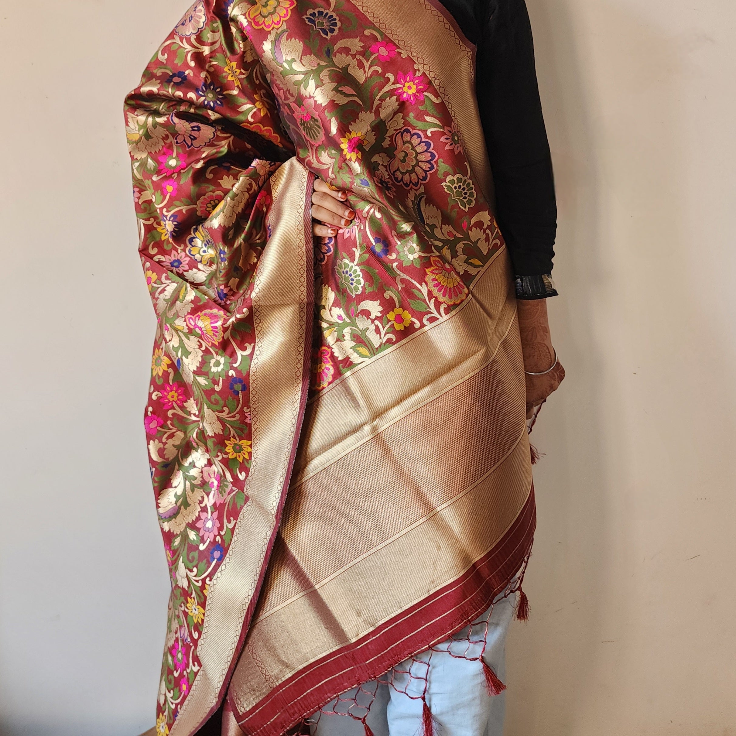 Banarasi Silk Brown Dupatta with Multicolor & Gold Floral Handweaving
