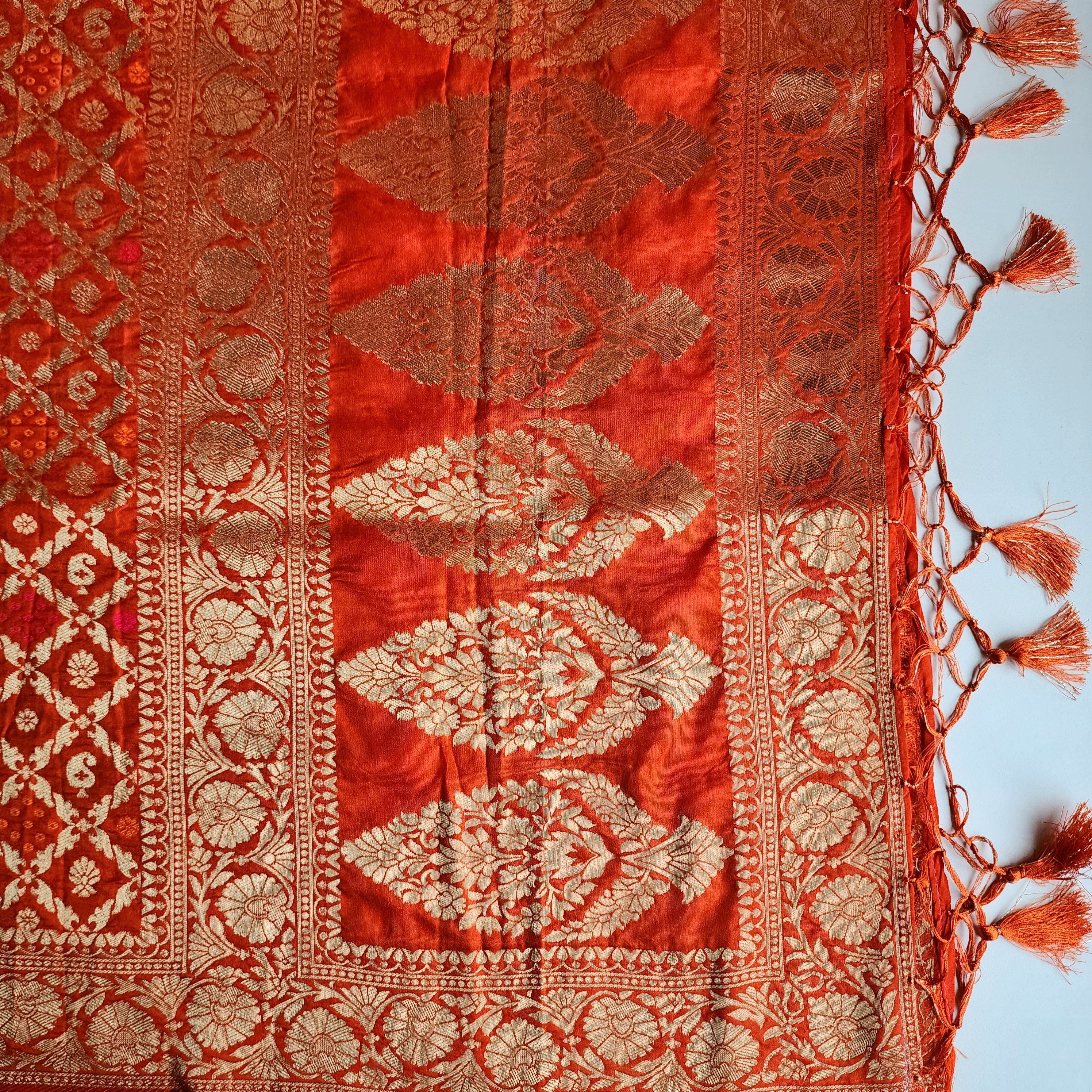 Burnt Orange Bandhani Dupatta with Floral and Geometric Zari Weave
