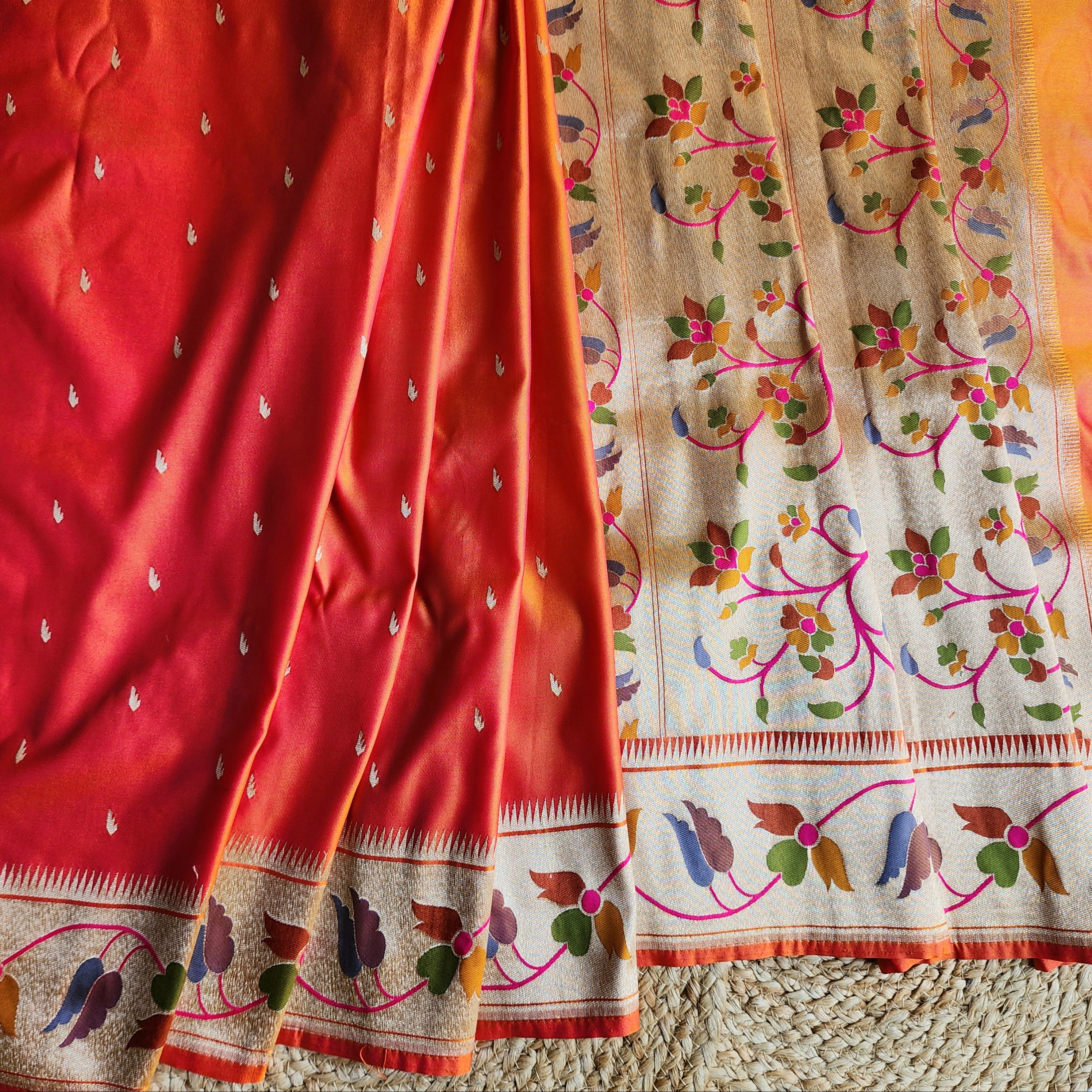 Raahi - Bright Orange Paithani Silk Saree with Stitched Blouse