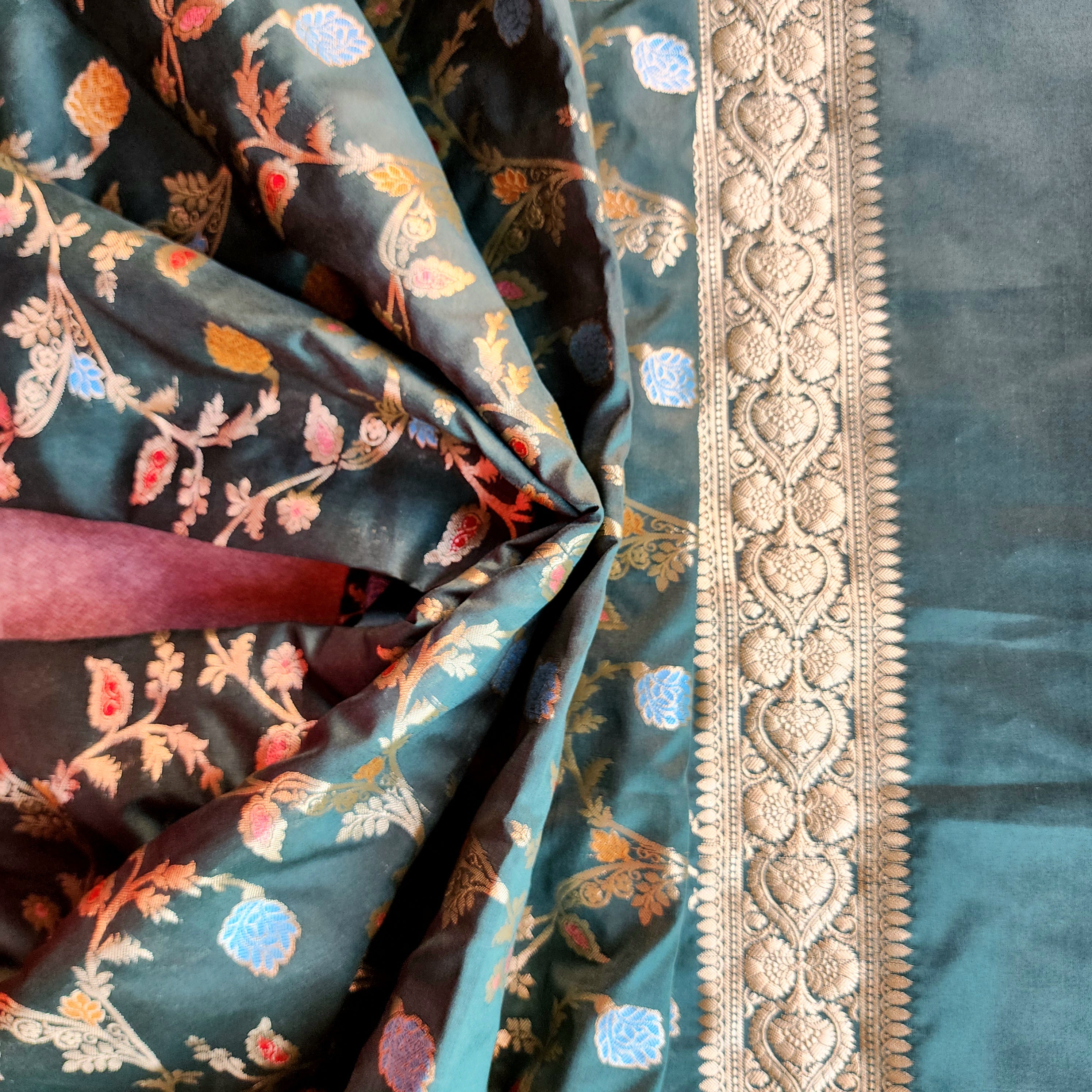 Bottle Green Banarasi Silk Dupatta with Gold Zari Border & Multicolor Meenakari Work