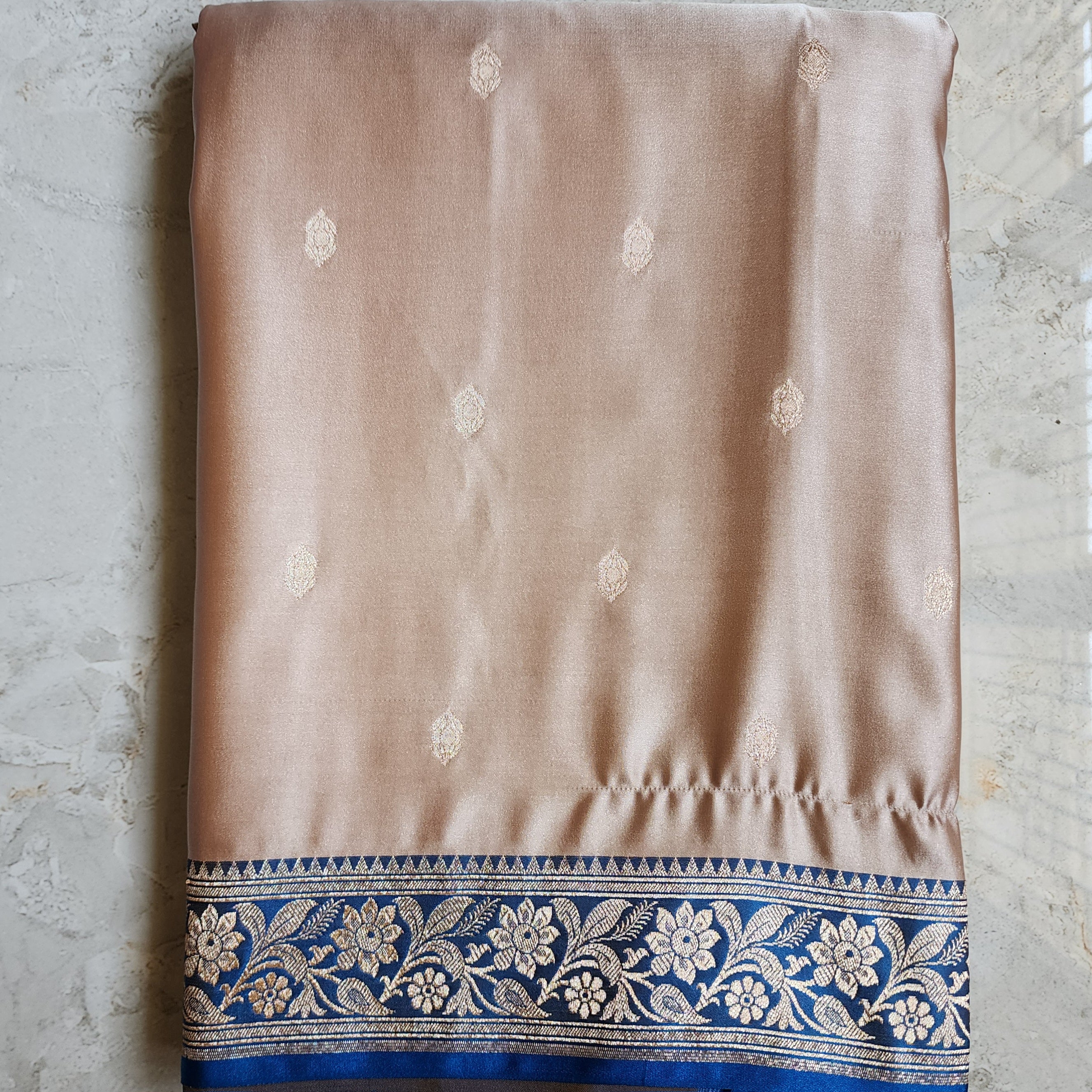 Champagne Beige Katan Silk Saree with Royal Blue and Gold Zari Border
