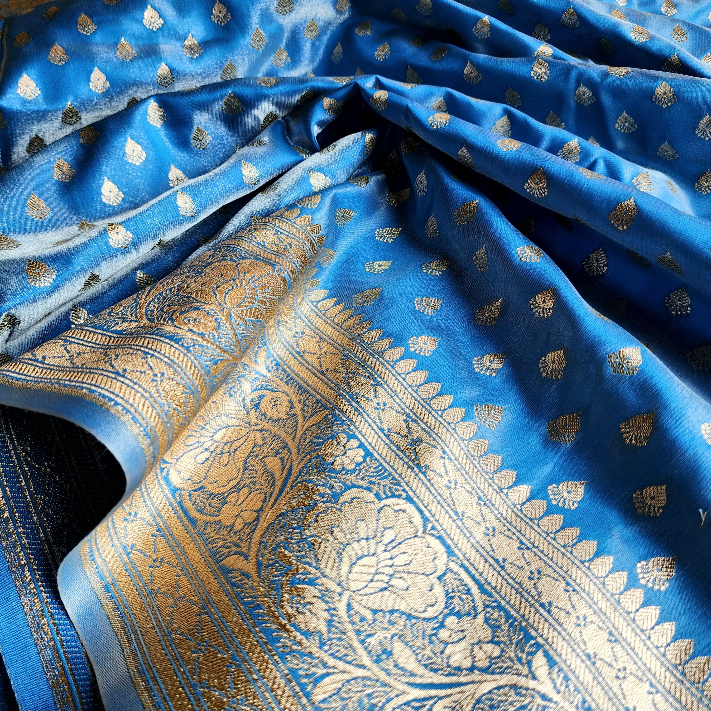 Rich Electric Blue Banarasi Silk Saree with Gold Zari Weaving