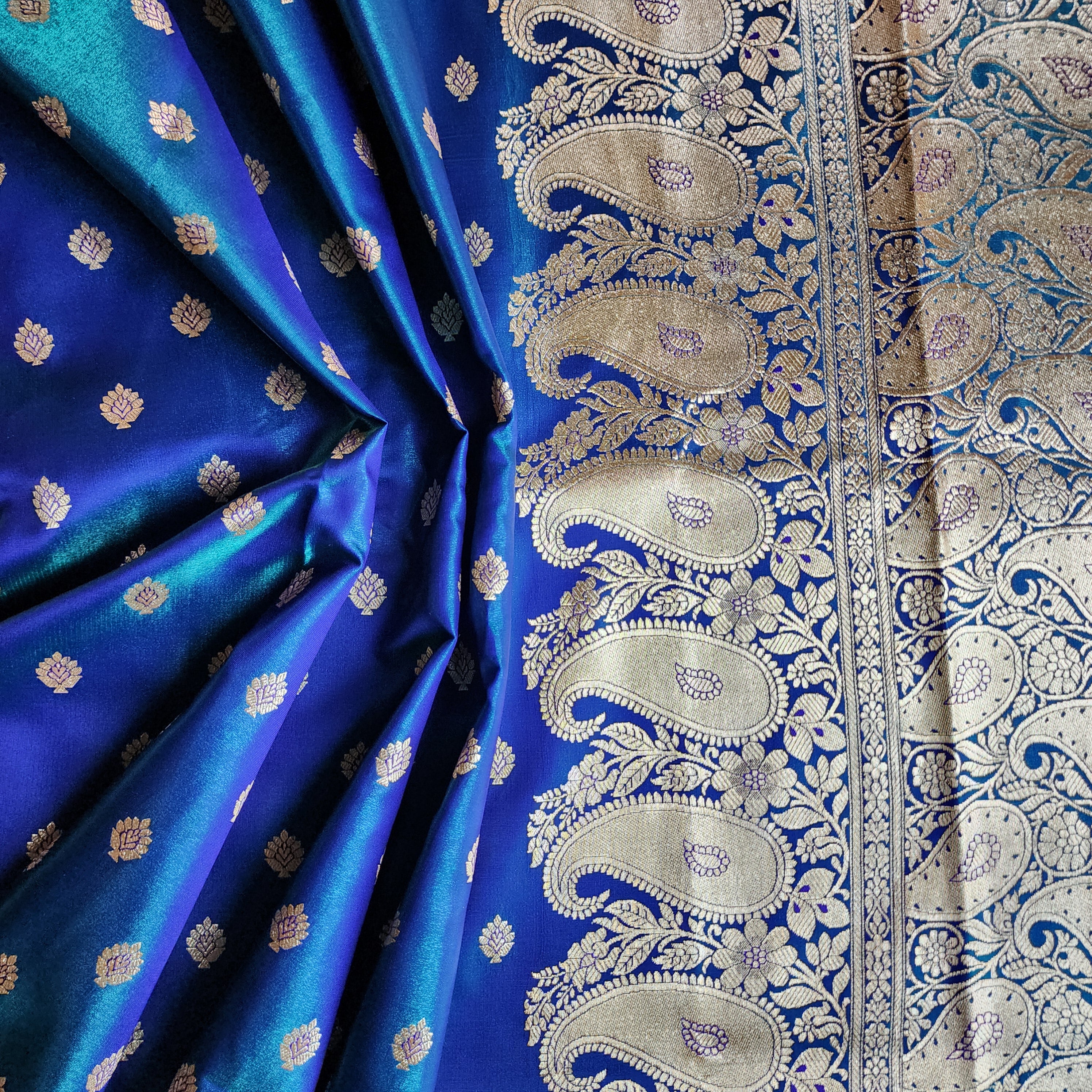 Royal Greenish-Blue Banarasi Silk Saree with Golden Zari Weave