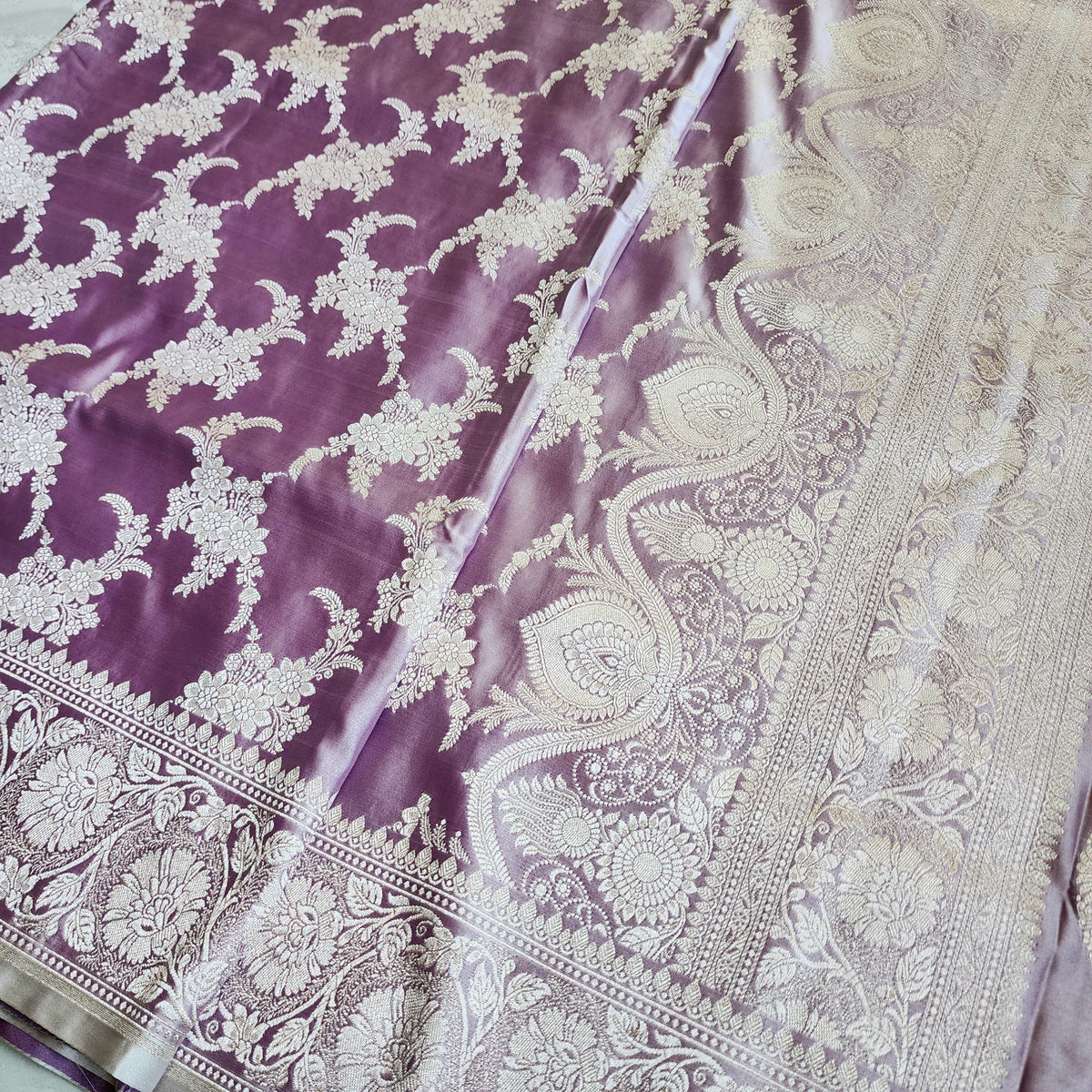 Dusty Lilac Banarasi Katan Silk Saree with Floral Vine Jaal
