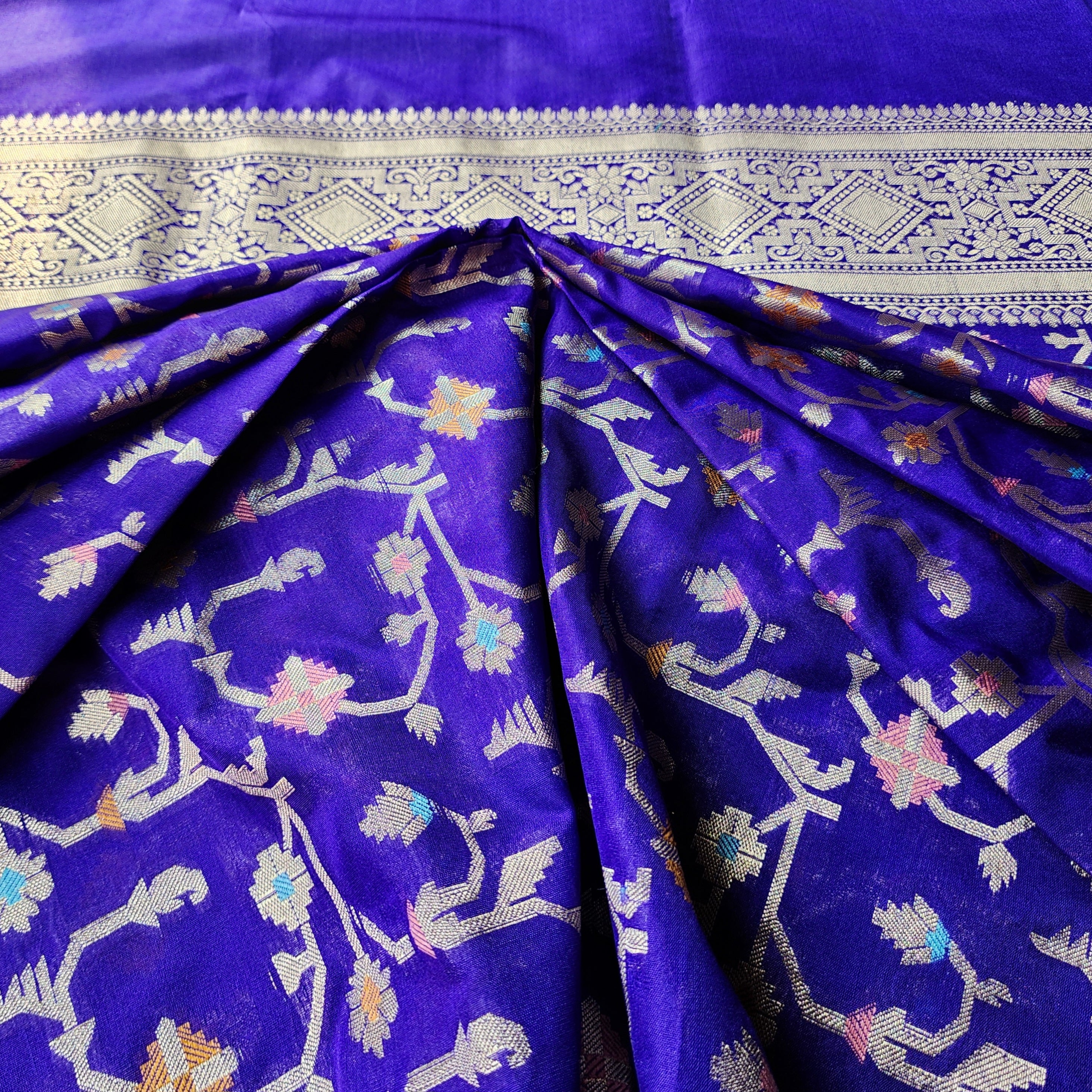Golden Grid Banarasi Silk Dupatta with Meenakari Work in Electric Blue