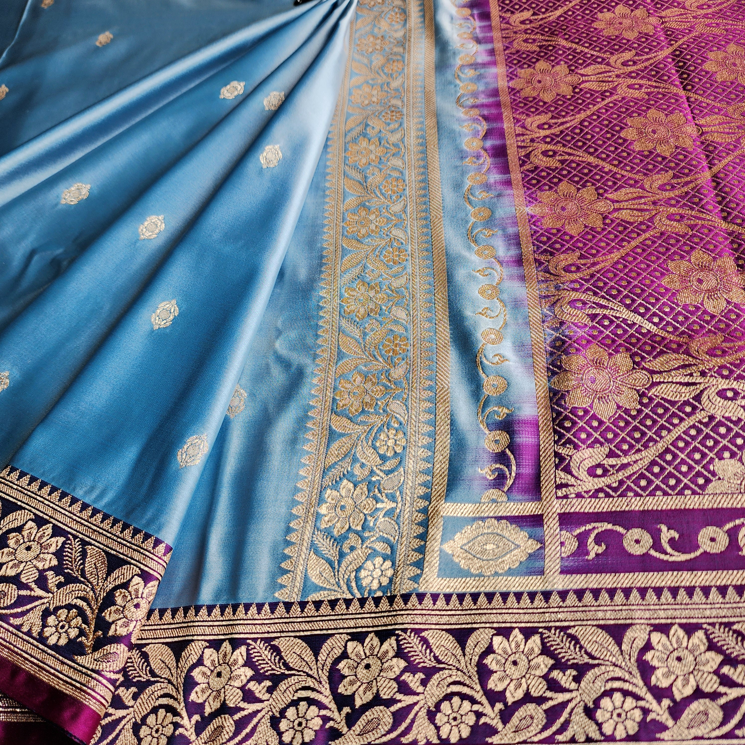 Teal Blue Katan Silk Saree with Purple and Gold Zari Border