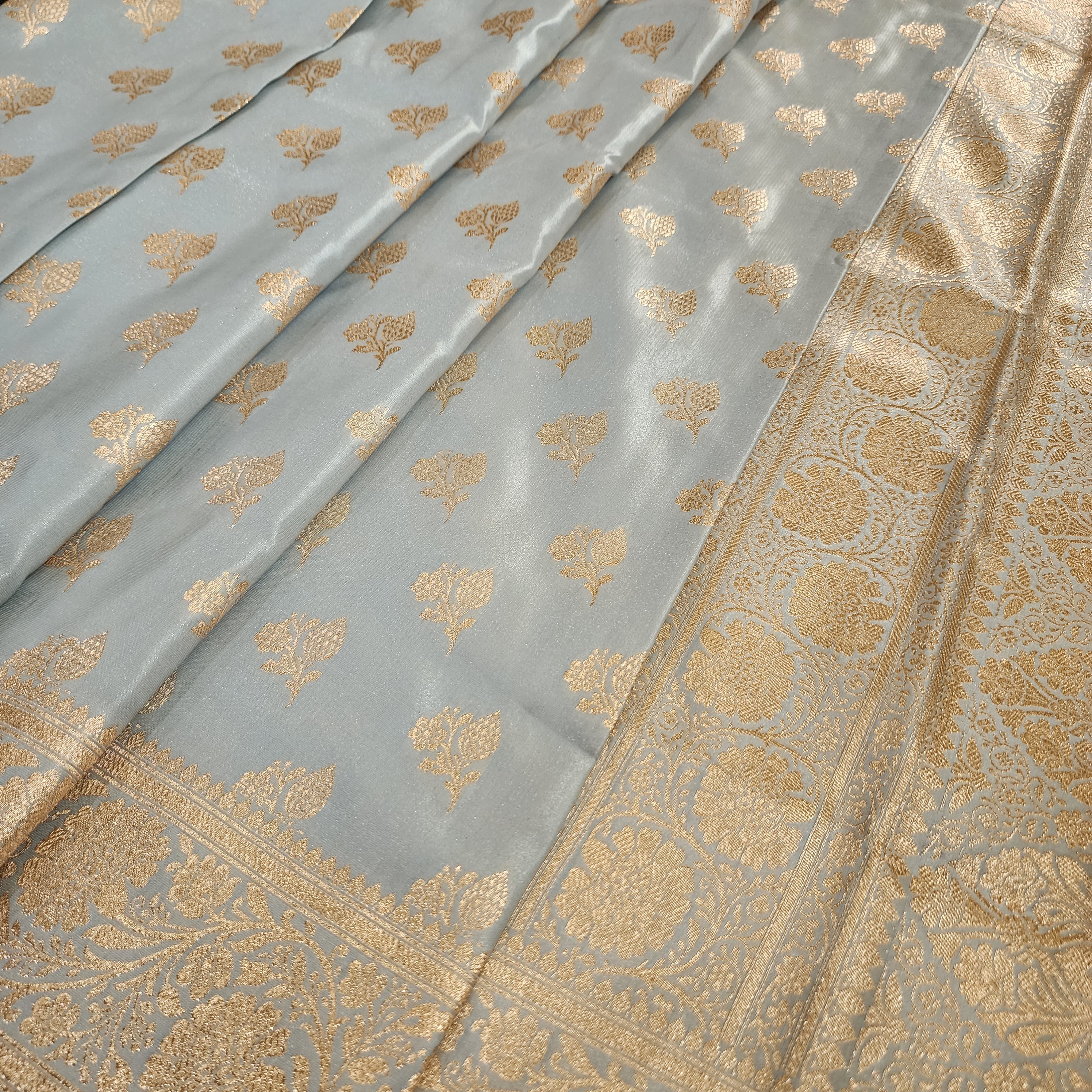 Rich Silver Grey Banarasi Silk Saree with Gold Zari Weaving