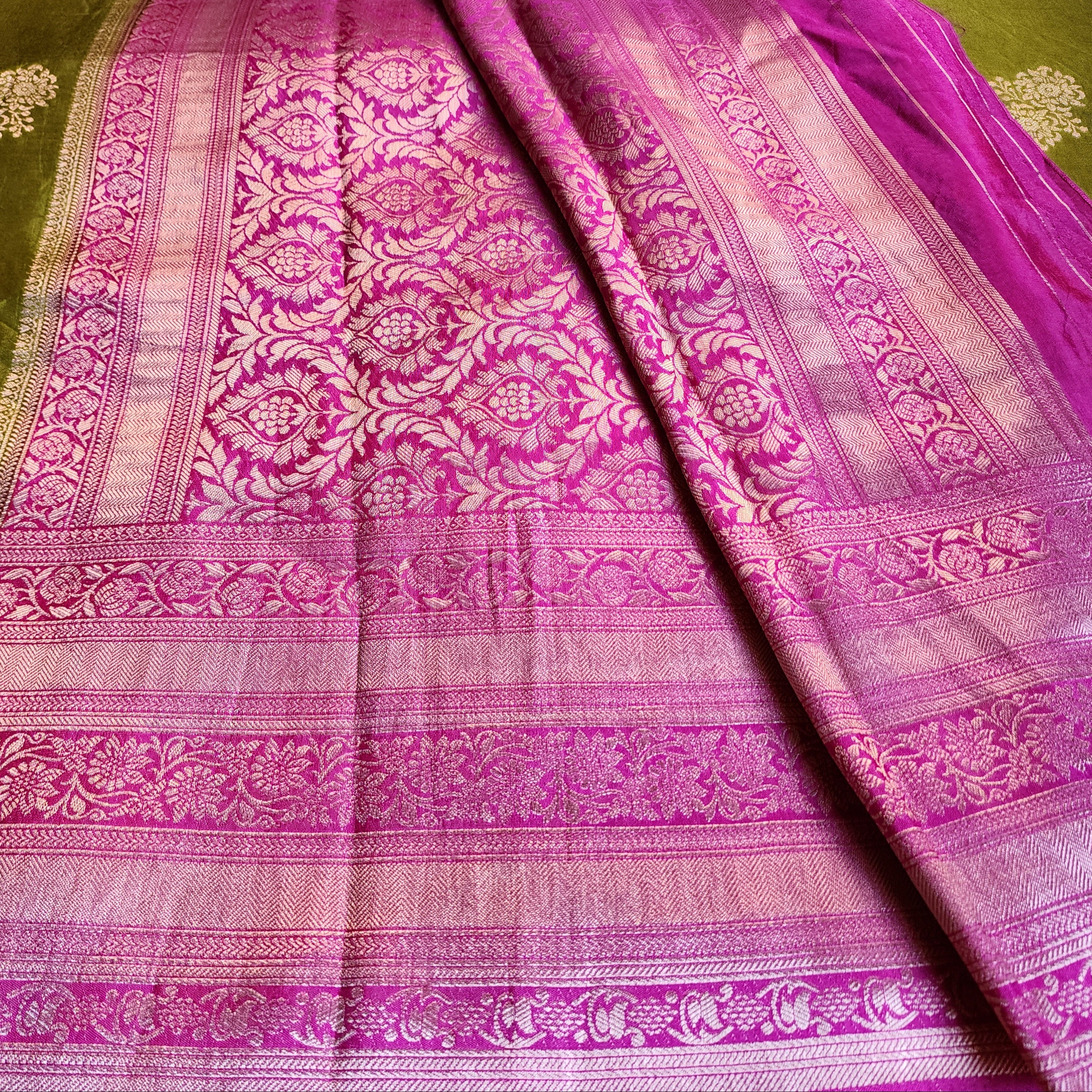 Olive Green Muslin Silk Saree with Traditional Silver Zari Work