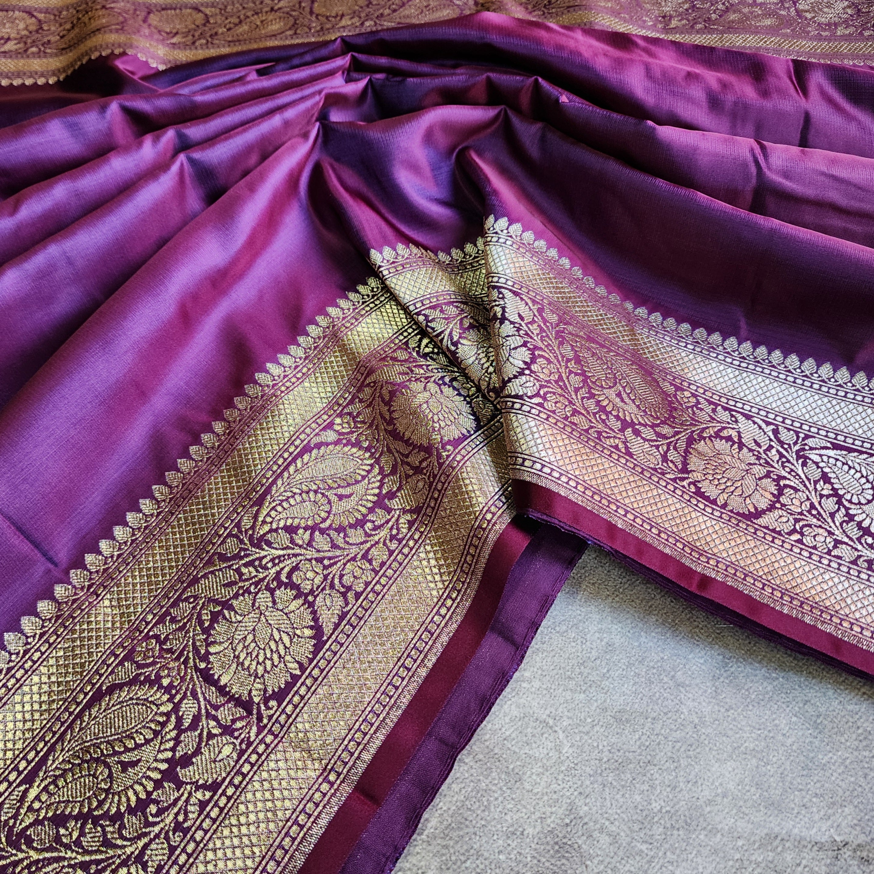 Dhoop Chhaon Deep Violet Banarasi Katan Silk Saree