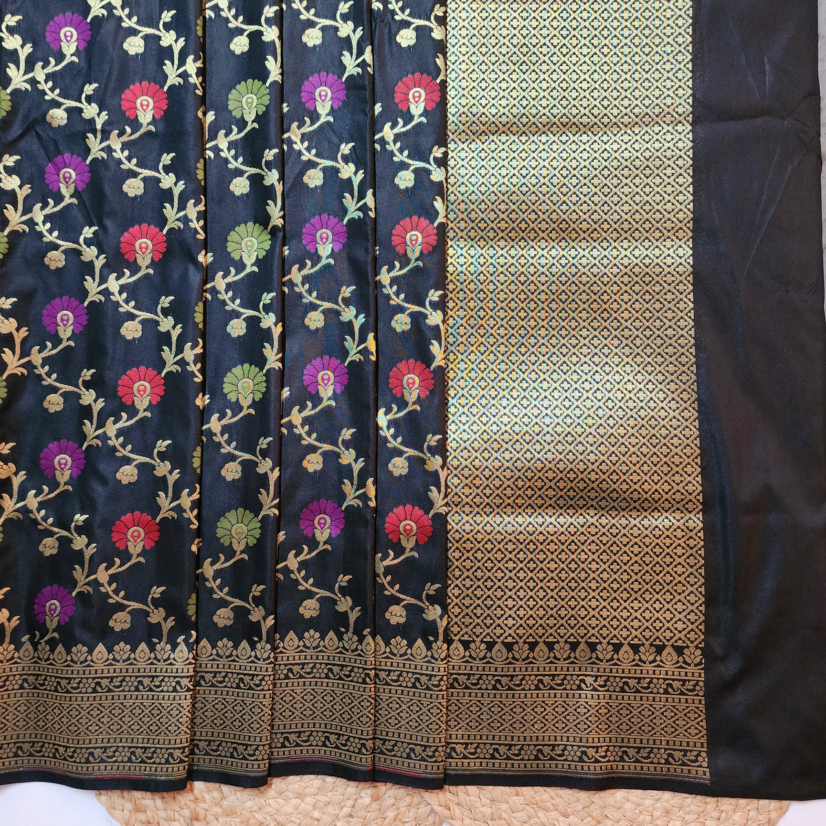 Banarasi Silk Floral Jaal Dupatta - Midnight