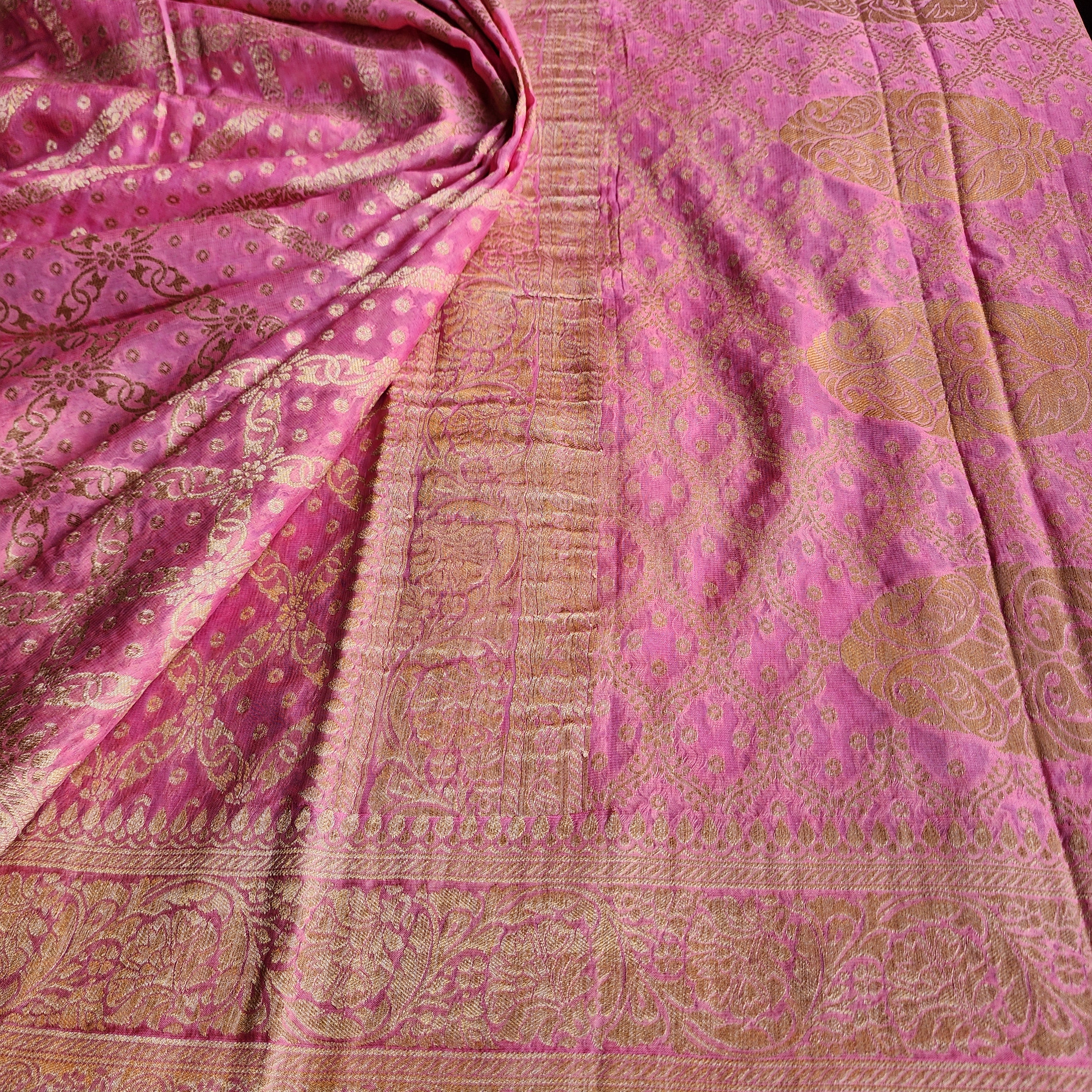 Pastel Pink Pure Khaddi Georgette Banarasi Saree with Golden Zari