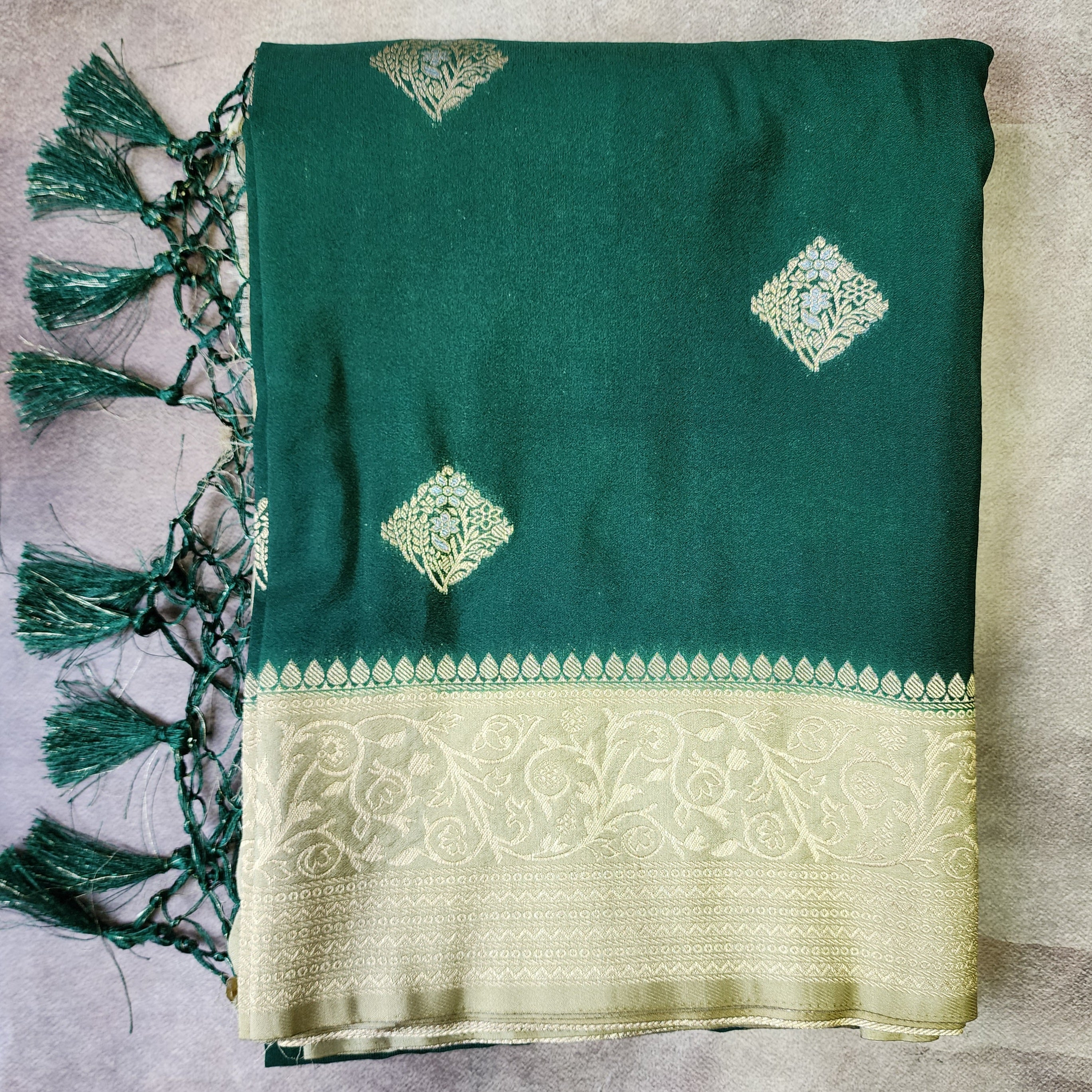 Bottle Green Crepe Georgette Silk Saree with Soft Champagne Gold Zari Border