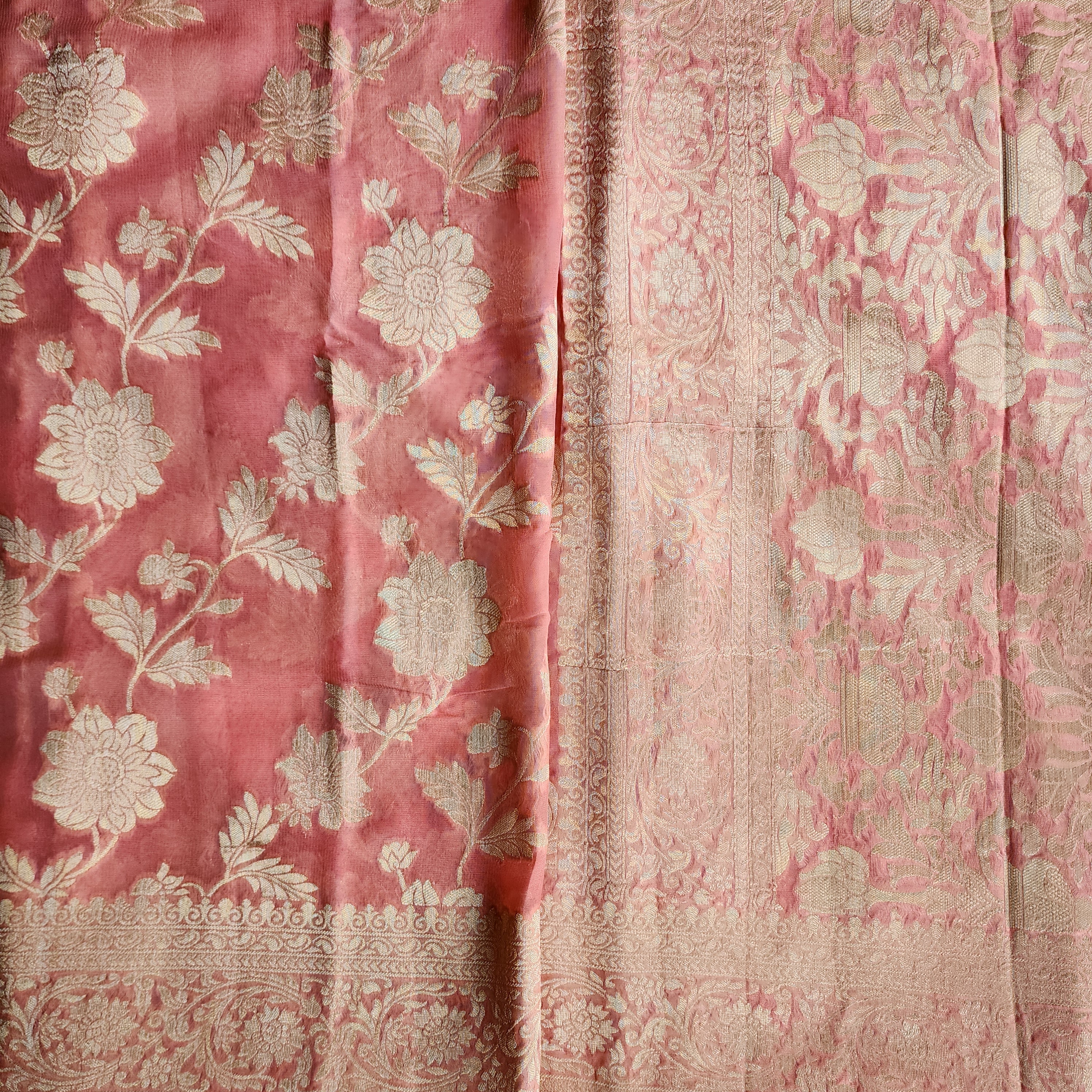 Khaddi Georgette Pure Banarasi Saree in Coral Shade