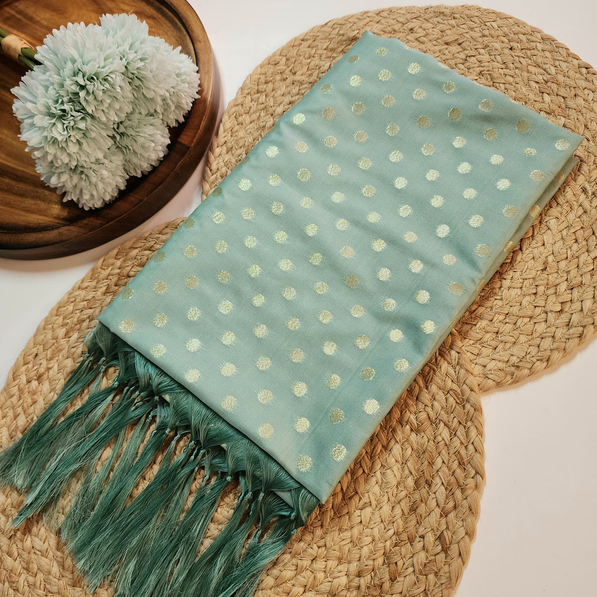 Aqua Blue Banarasi Silk Dupatta with Gold Polka Dot