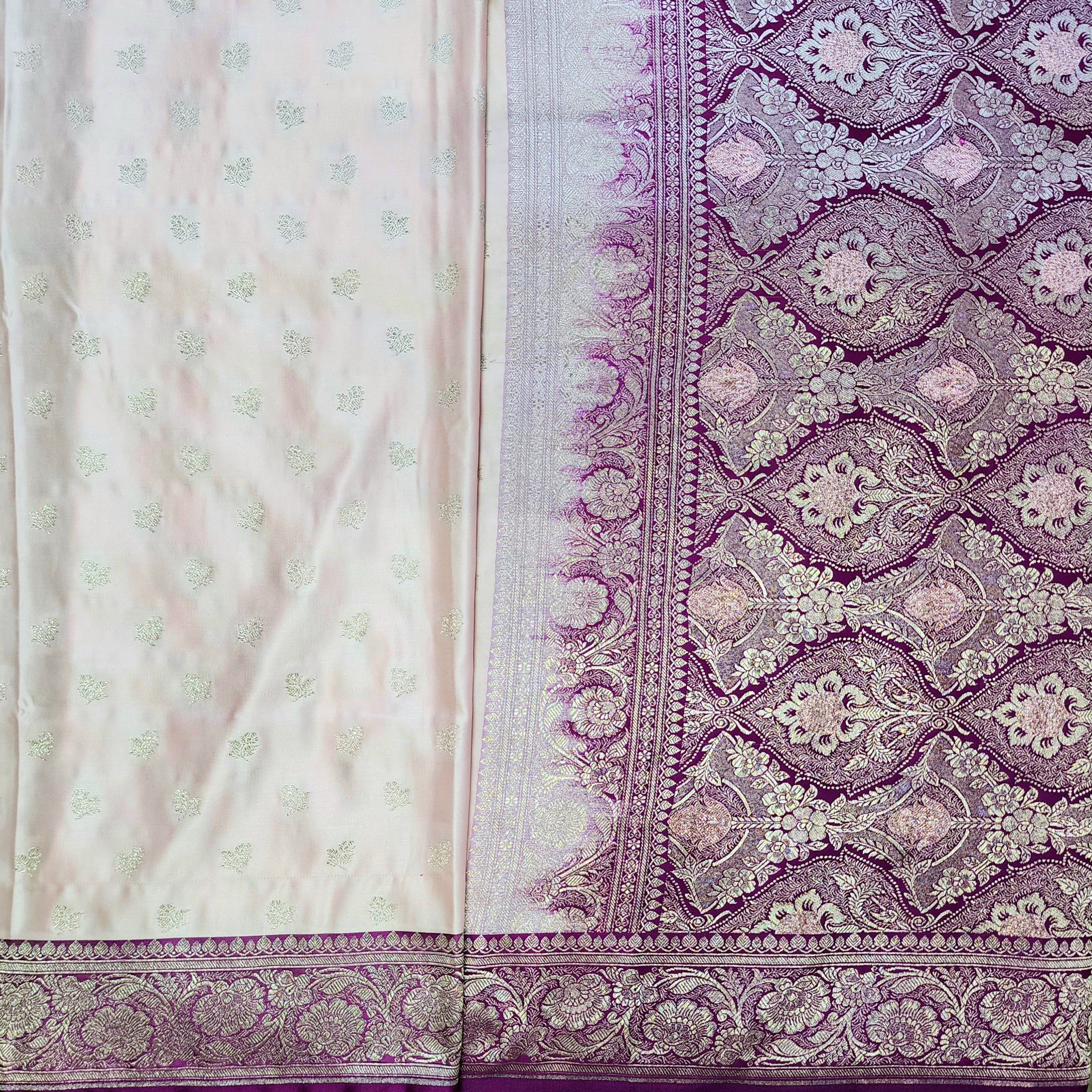 Pastel Pink Pure Banarasi Katan Silk Saree with Magenta Border