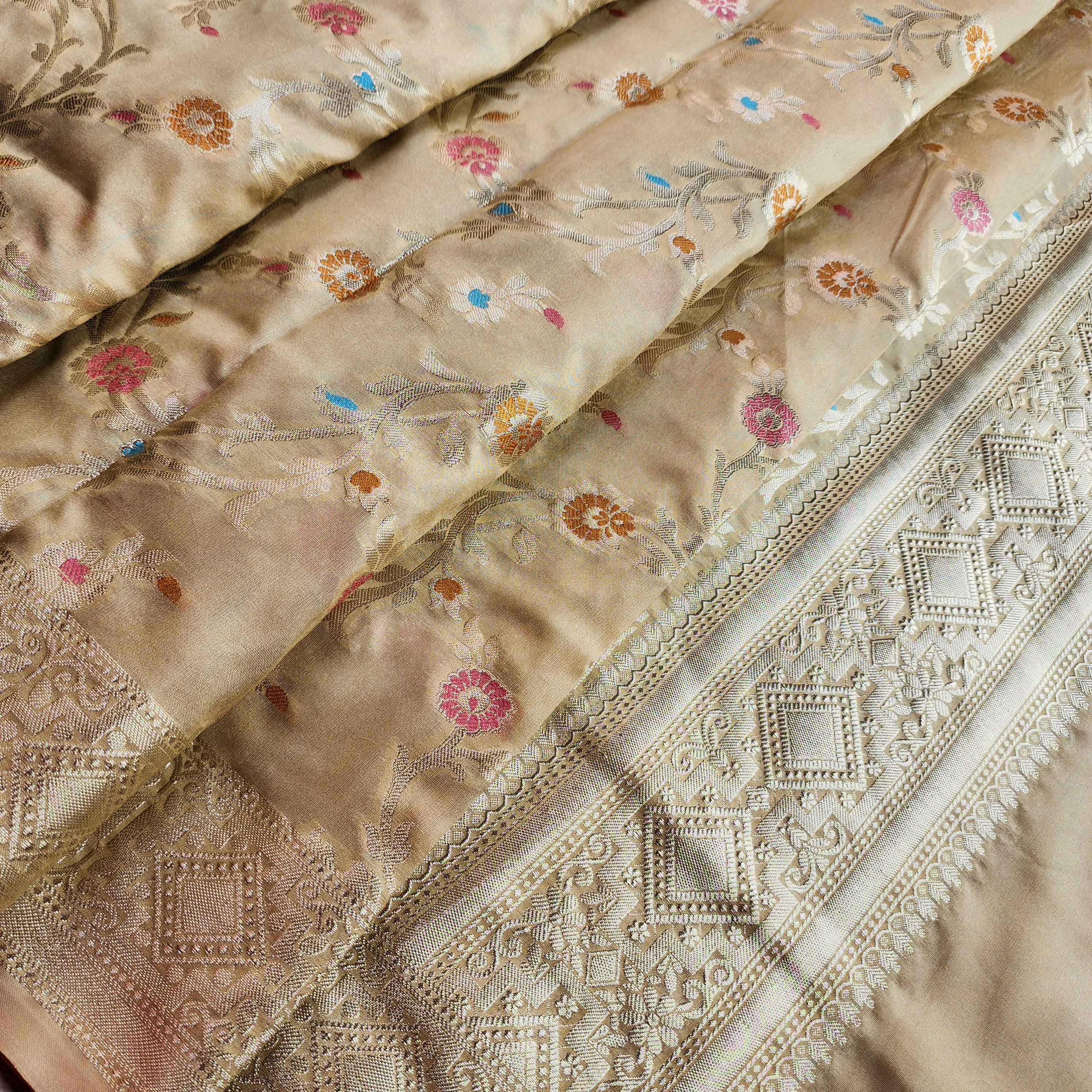Golden Grid Banarasi Silk Dupatta with Meenakari Work in Beige