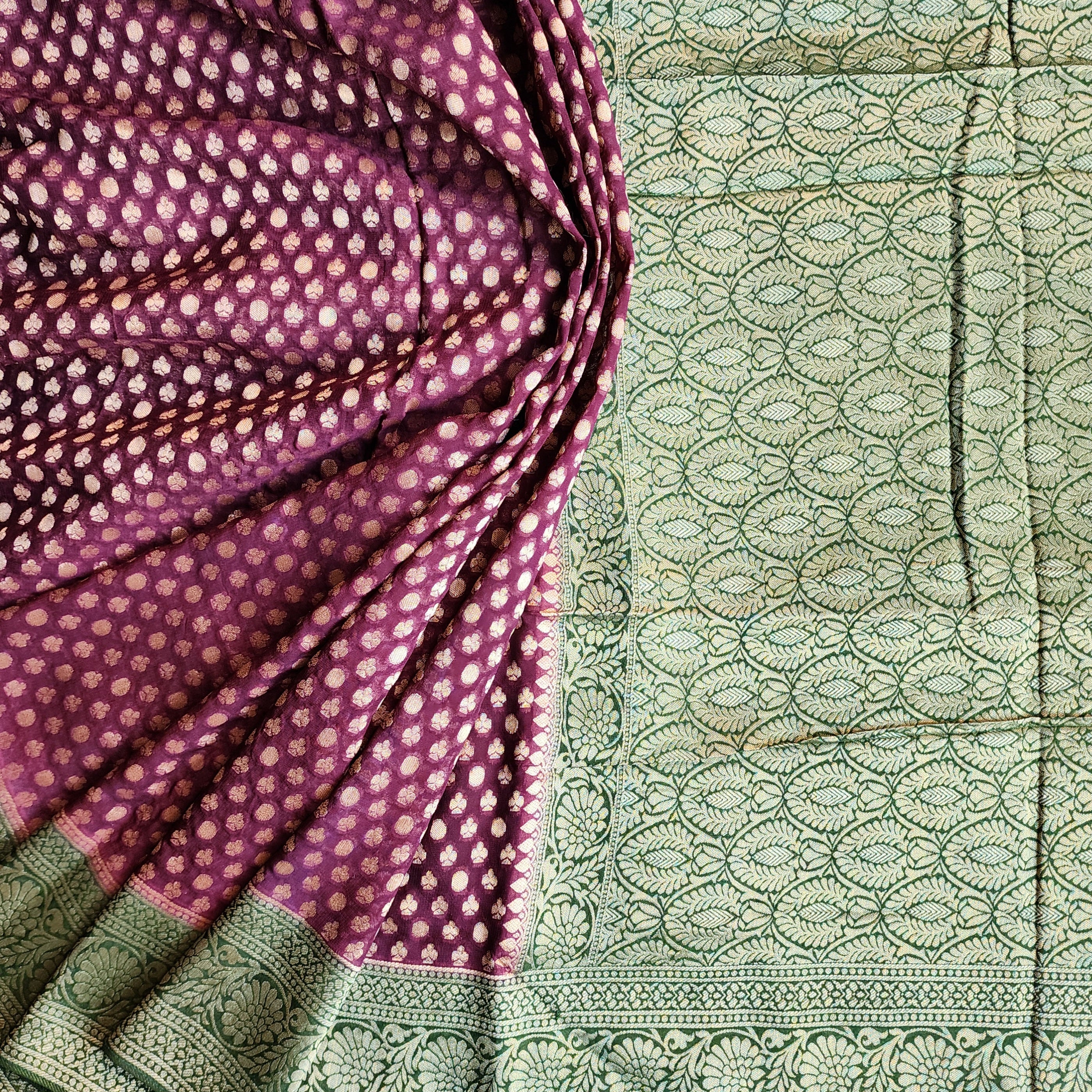 Purple Khaddi Georgette Pure Banarasi Saree with Green Border