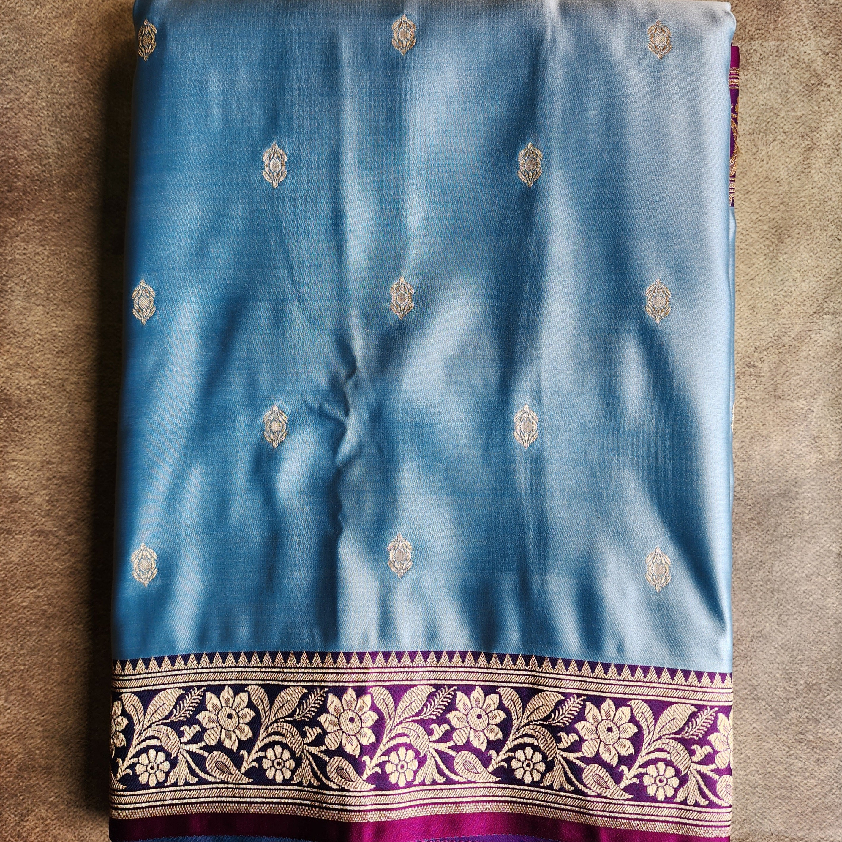 Teal Blue Katan Silk Saree with Purple and Gold Zari Border