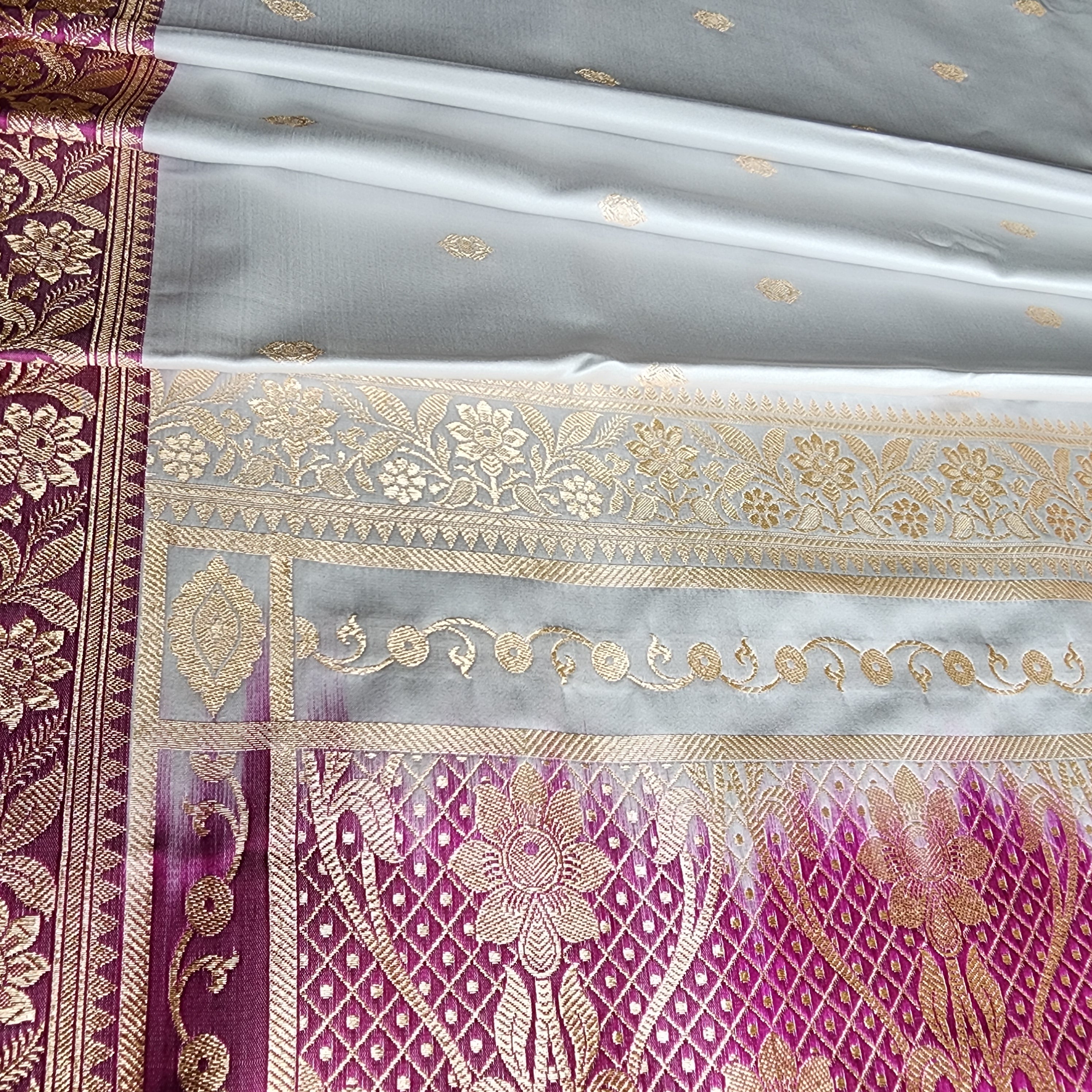 Powder Blue Katan Silk Saree with Purple and Gold Zari Border
