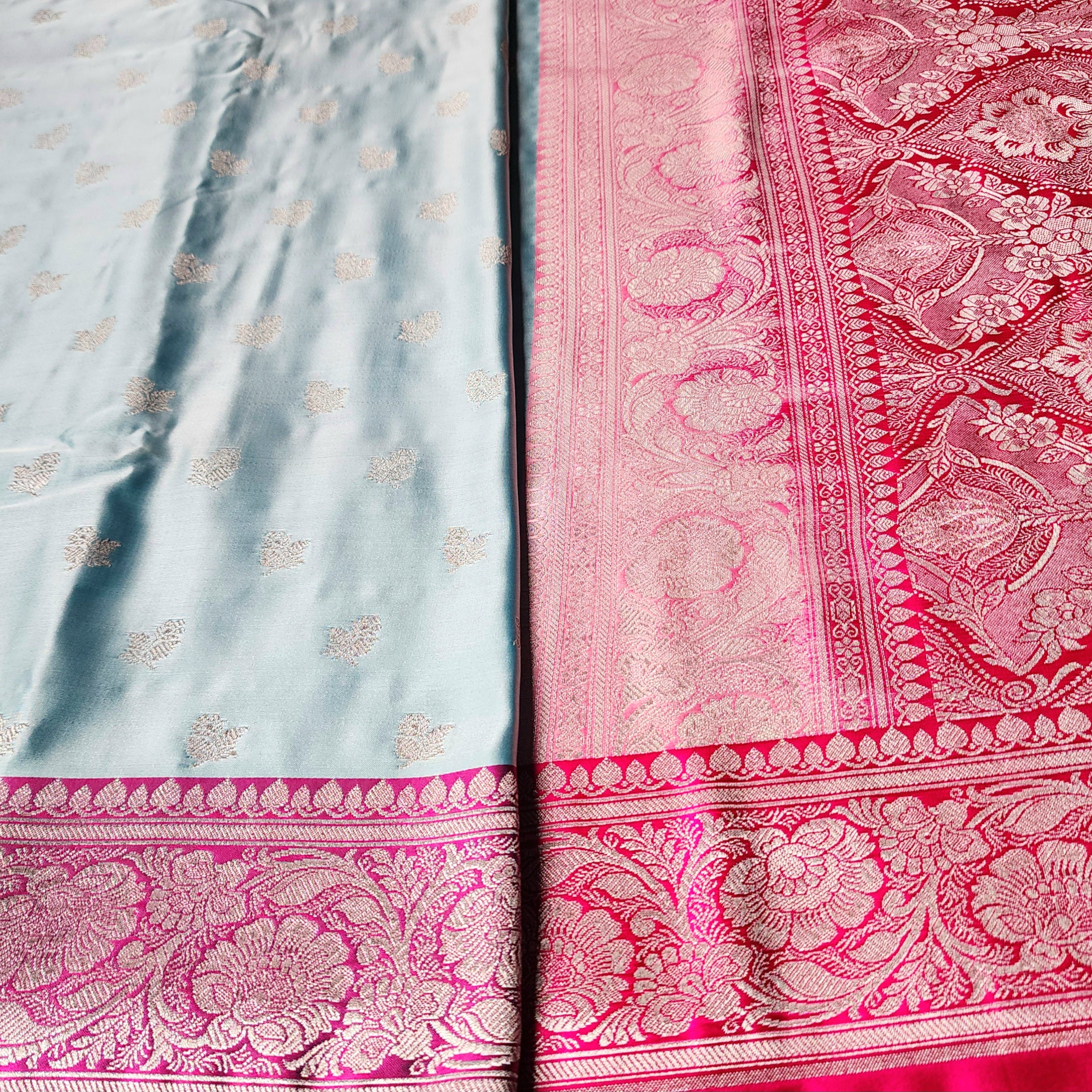 Pastel Aqua Blue Pure Banarasi Katan Silk Saree with light Gold Zari Weaving