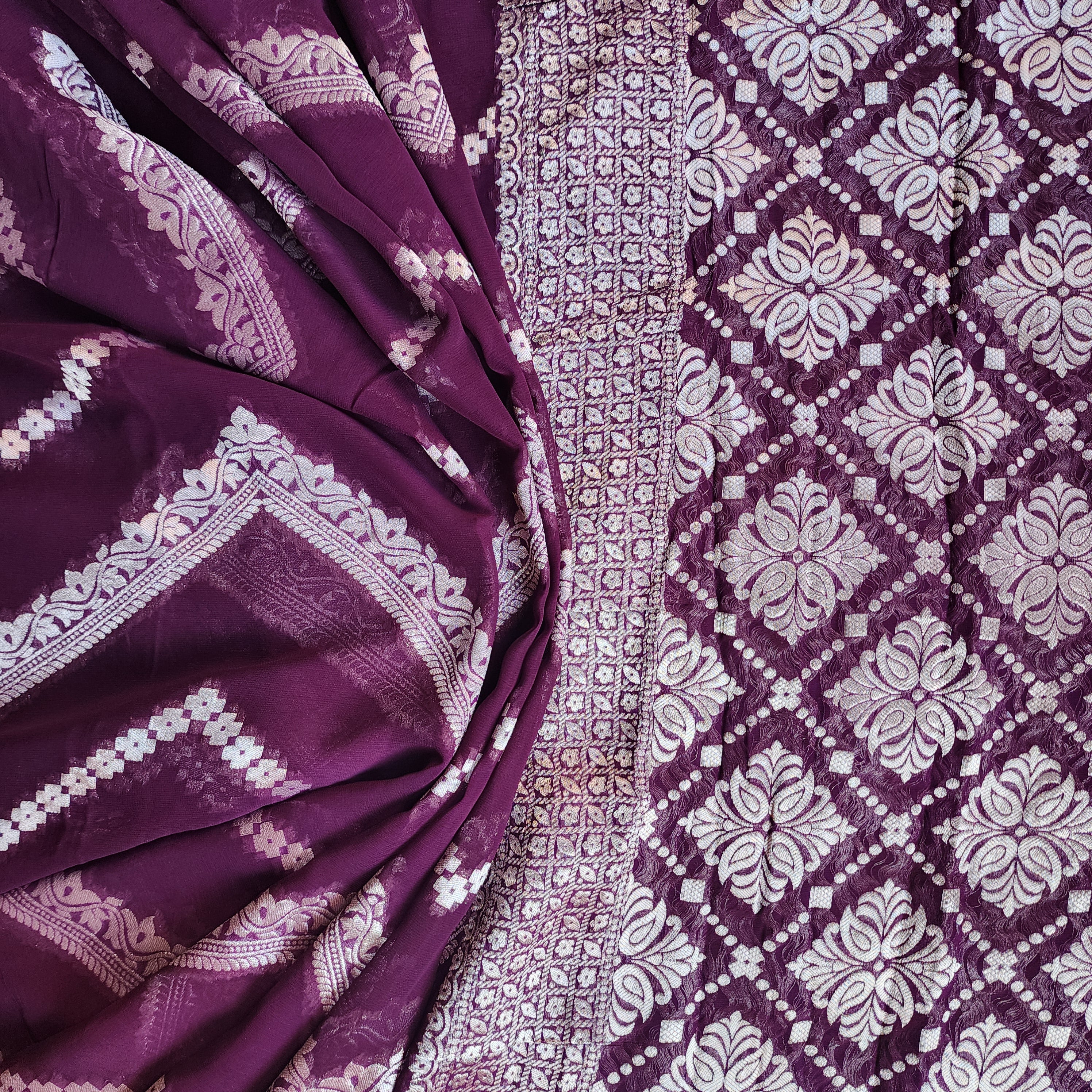 Dark Purple Khaddi Georgette Pure Banarasi Saree with Silver Zari