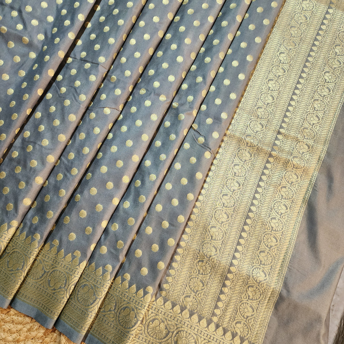 Slate Blue Banarasi Silk Dupatta with Gold Polka Dot