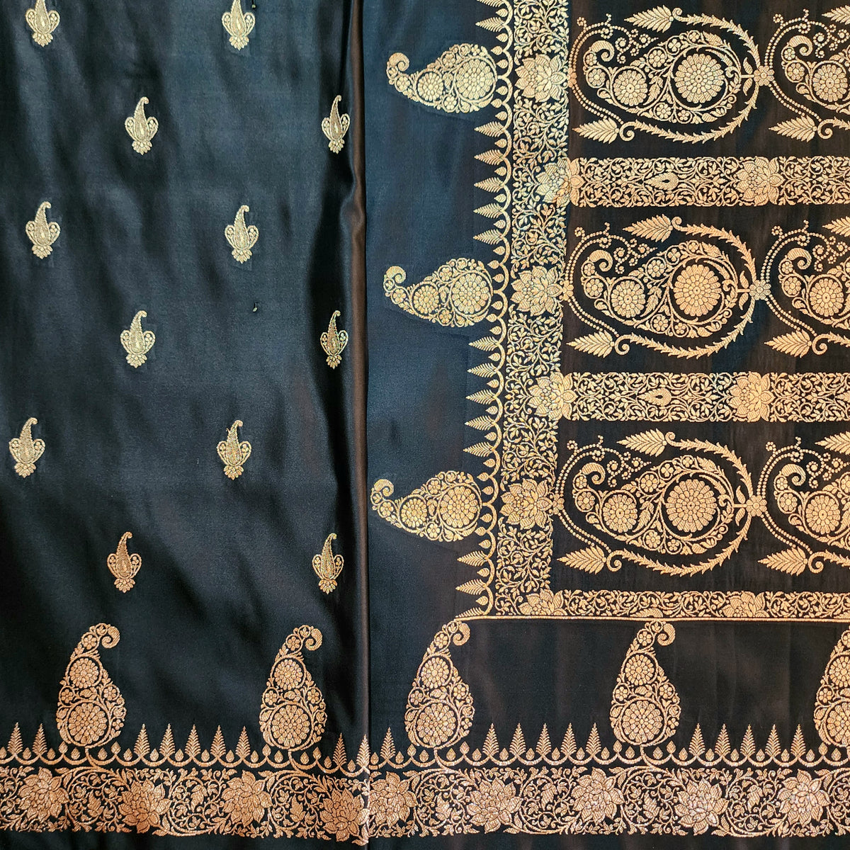 Black Paisley Katan Silk Saree with Gold Zari