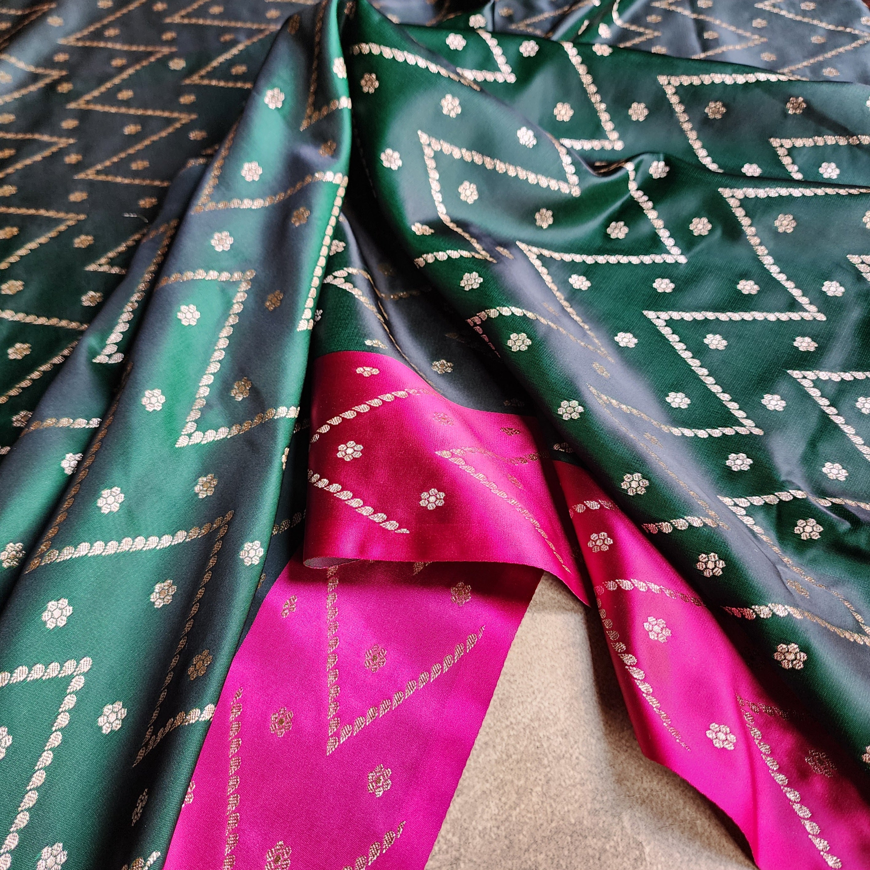 Emerald Green Pure Banarasi Katan Silk Saree with Bright Pink Border