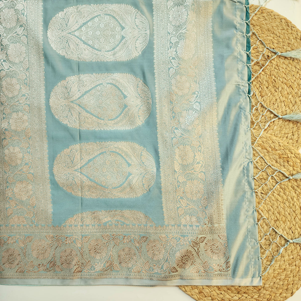 Dusty Blue Banarasi Katan Silk Saree with Floral Vine Jaal