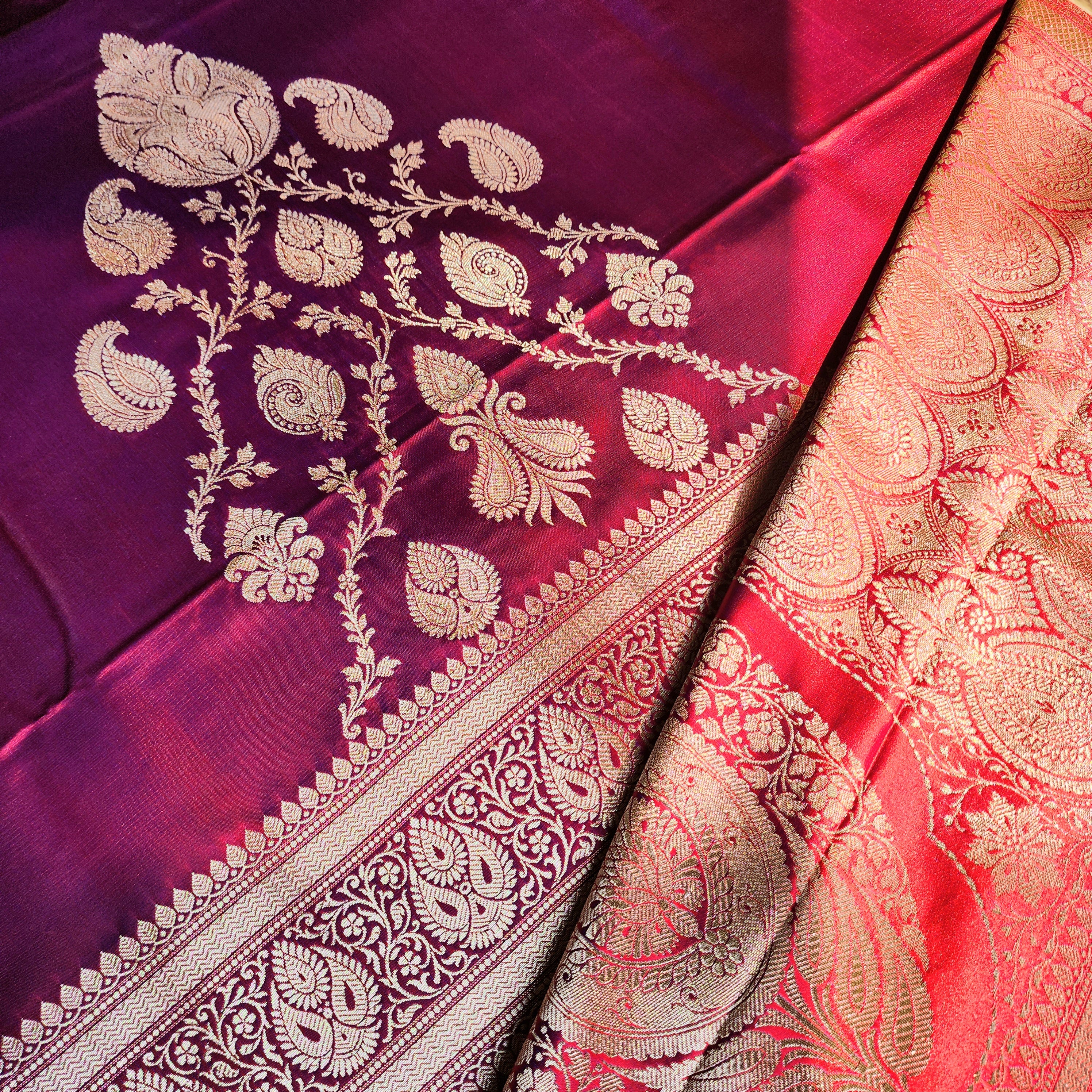 Dhoop Chhaon Raspberry Banarasi Katan Silk Saree