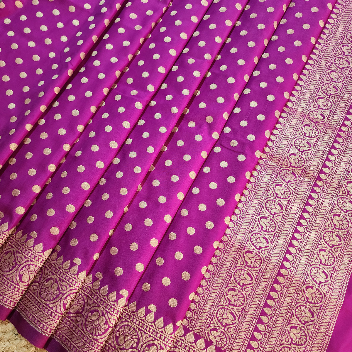 Magenta Purple Banarasi Silk Dupatta with Gold Polka Dot