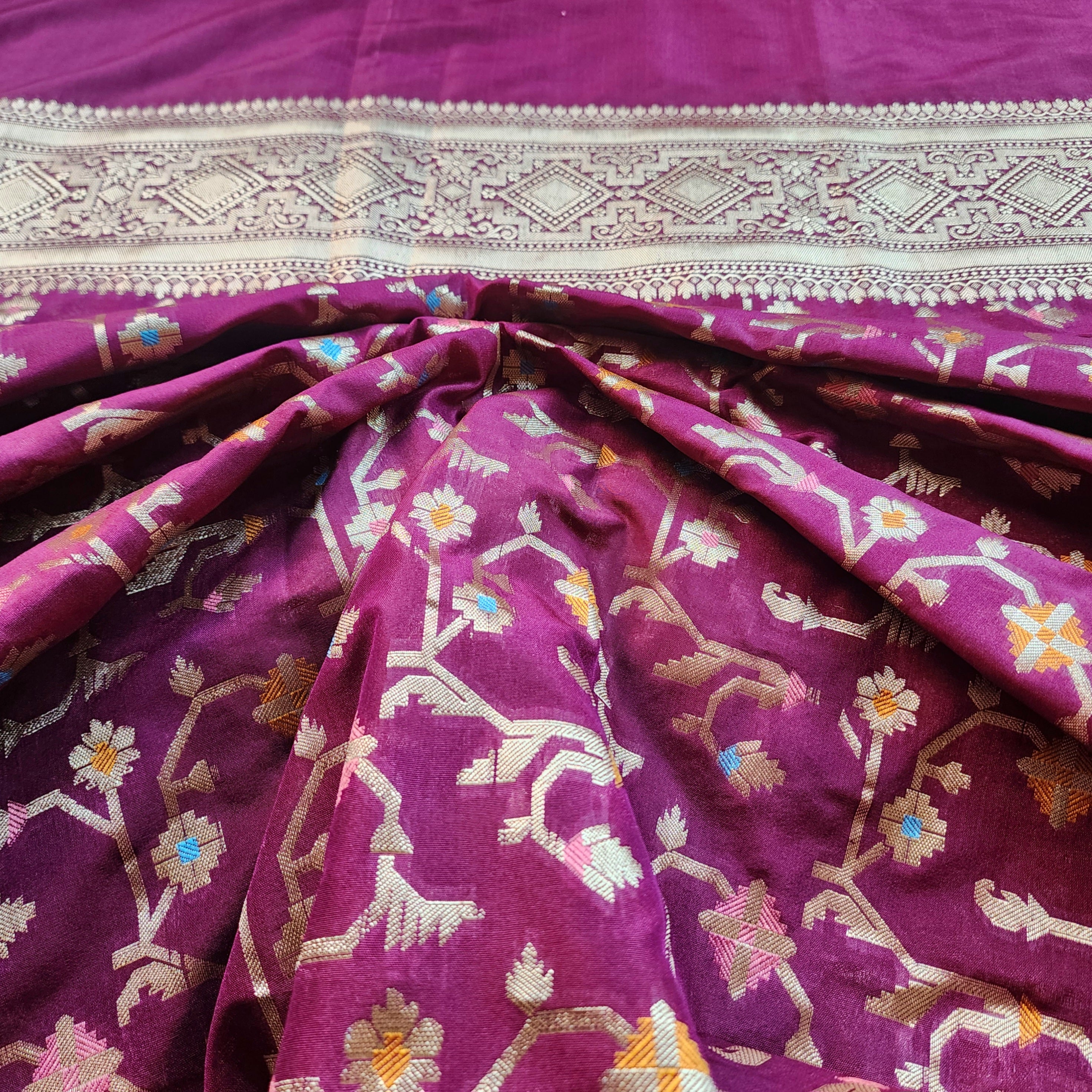 Golden Grid Banarasi Silk Dupatta with Meenakari Work in Deep Purple