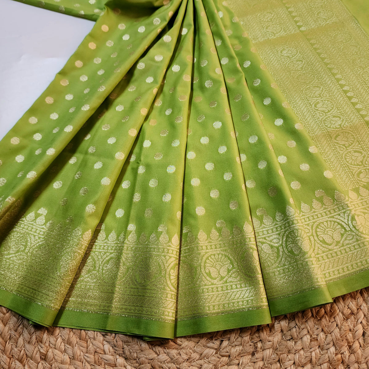 Lime Green Banarasi Silk Dupatta with Gold Polka Dot