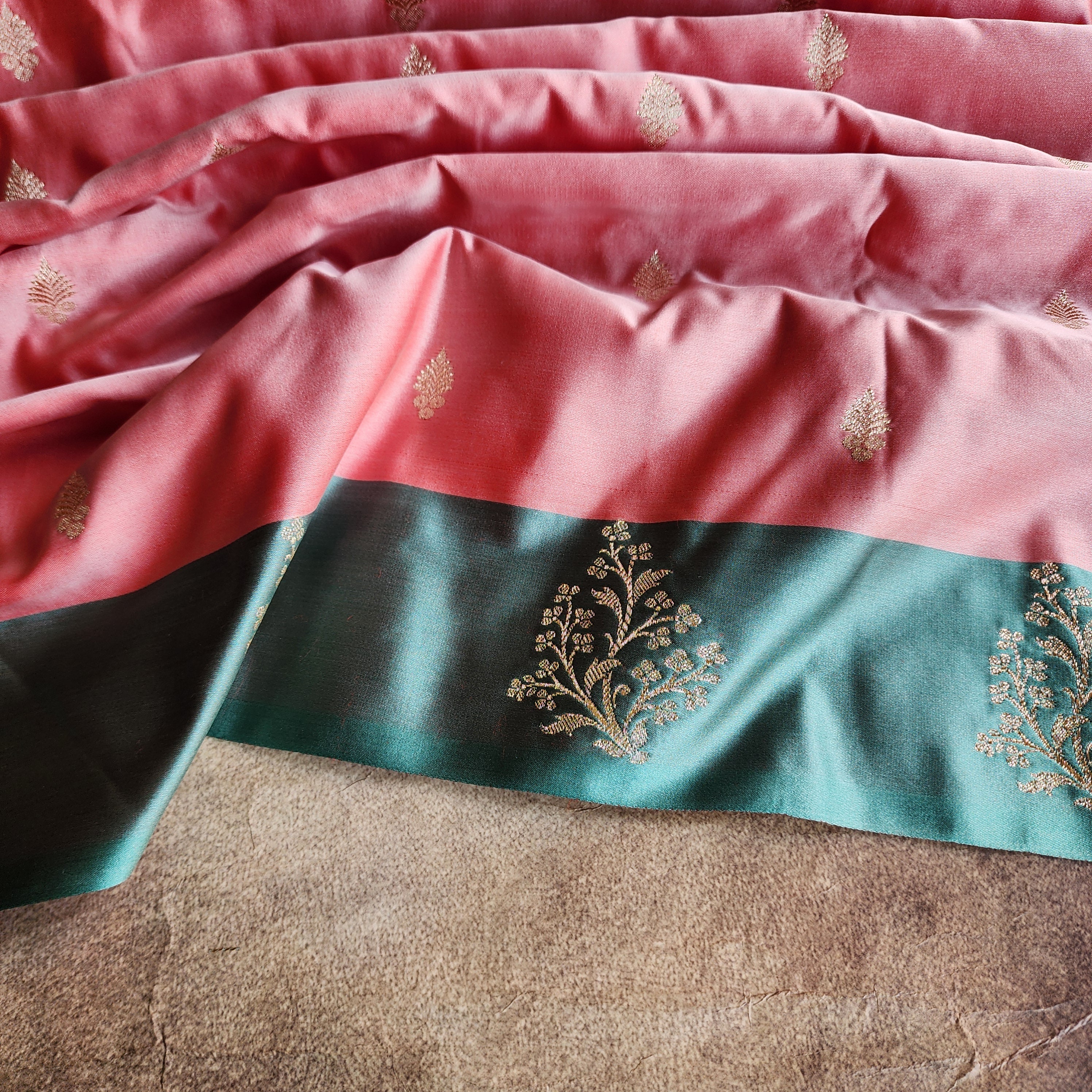 Rose Pink Katan Silk Saree with Teal Blue Gold Zari Border
