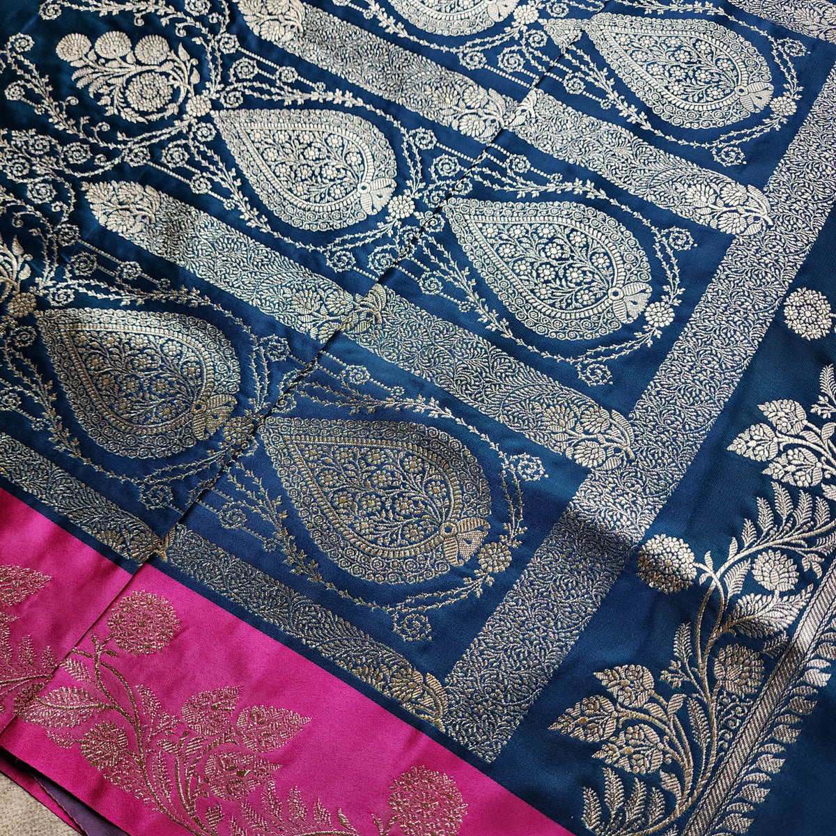 Midnight Blue Pure Banarasi Katan Silk Saree with Rani Pink Border