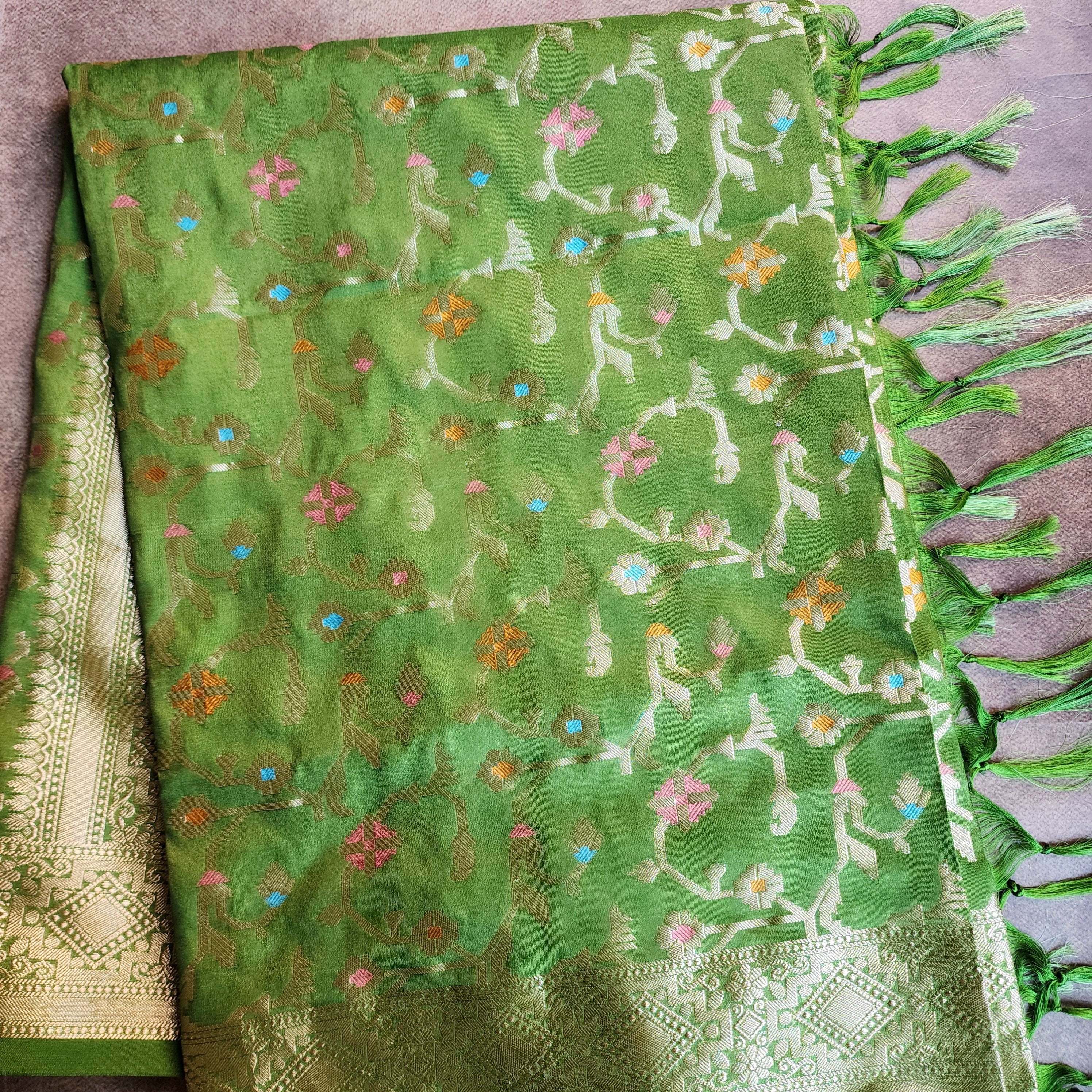 Golden Grid Banarasi Silk Dupatta with Meenakari Work in Mehendi Green
