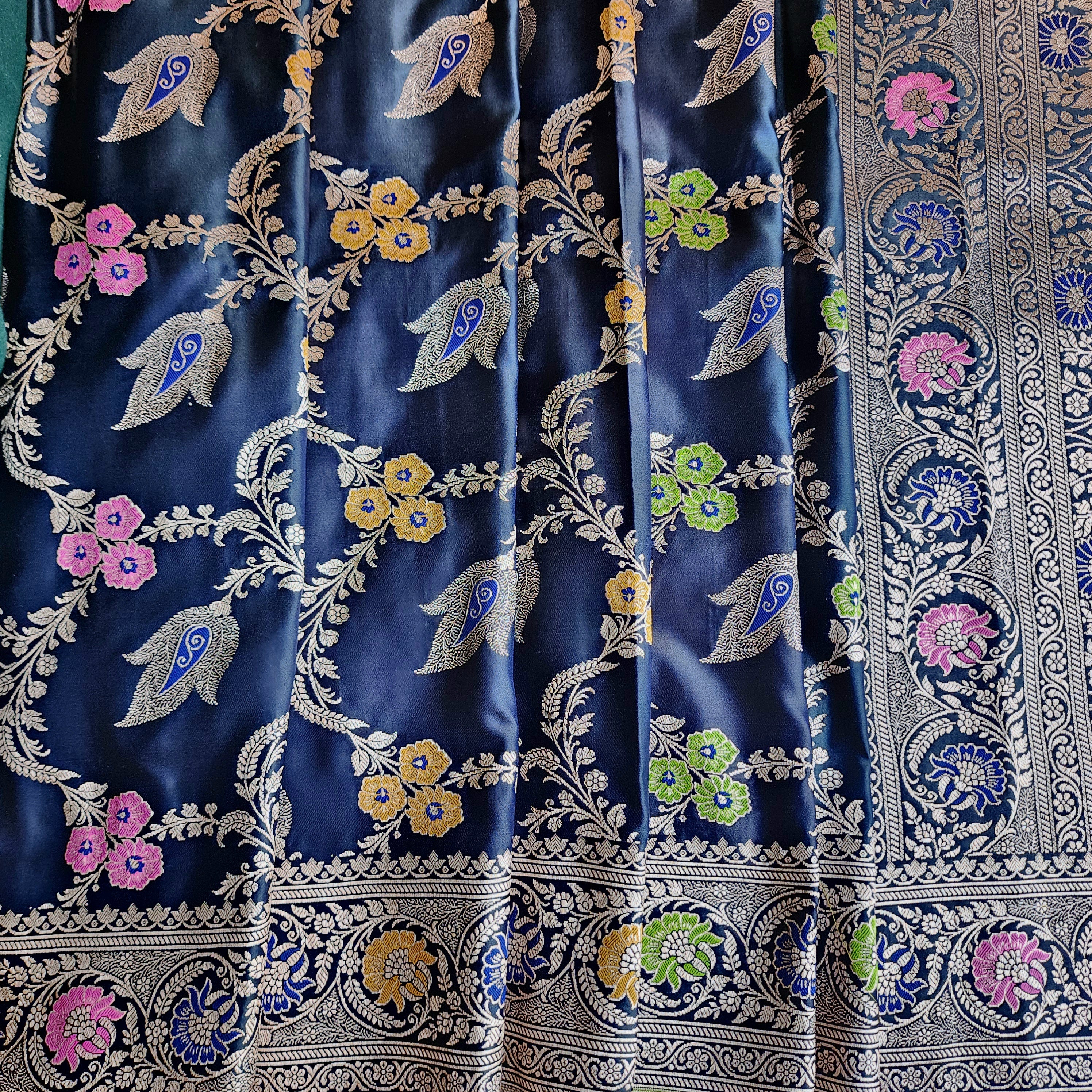Enriched Midnight Blue Banarasi Katan Silk Saree with Multicolor Meenakari Floral Jaal
