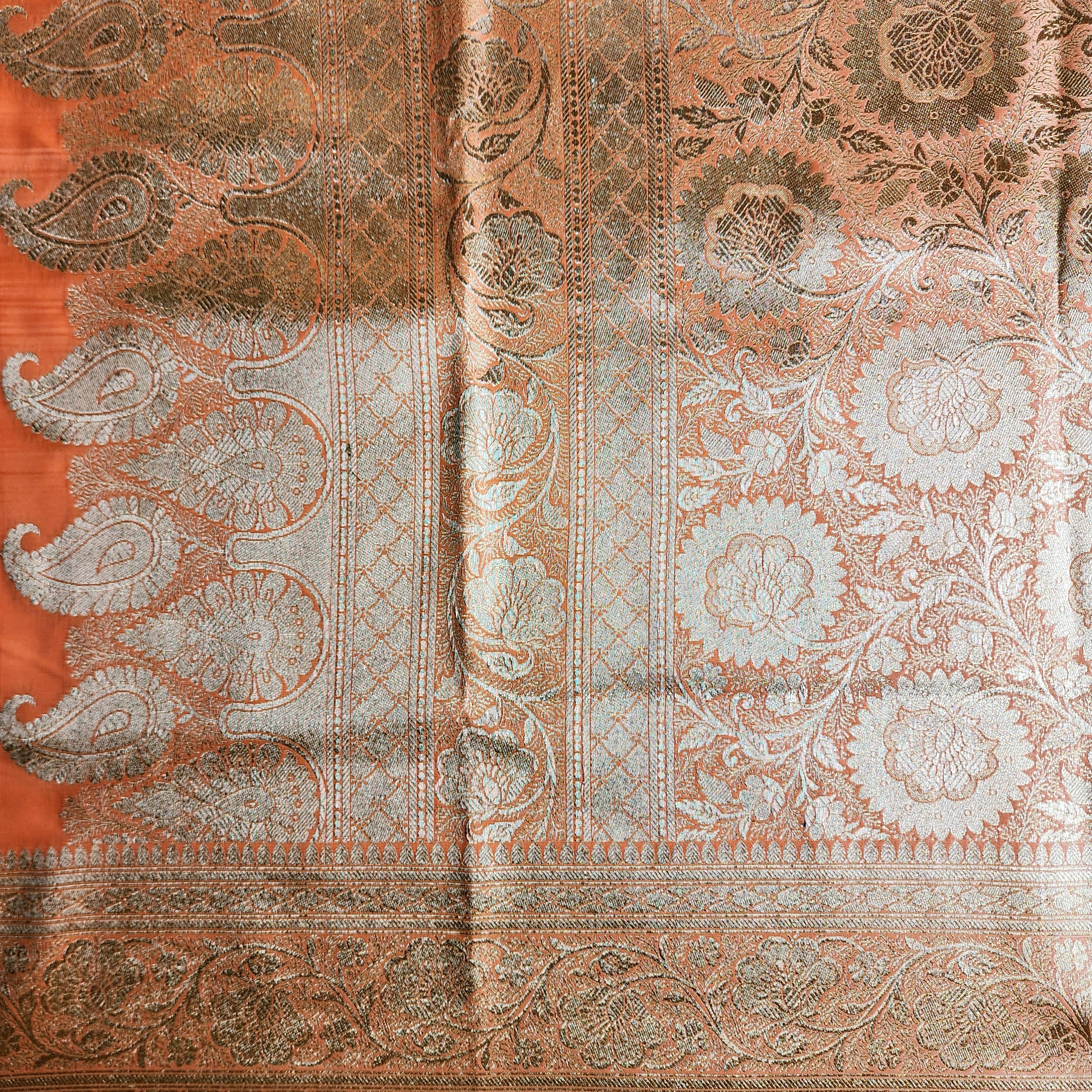 Rich Burnt Orange Banarasi Silk Saree with Gold Zari Weaving