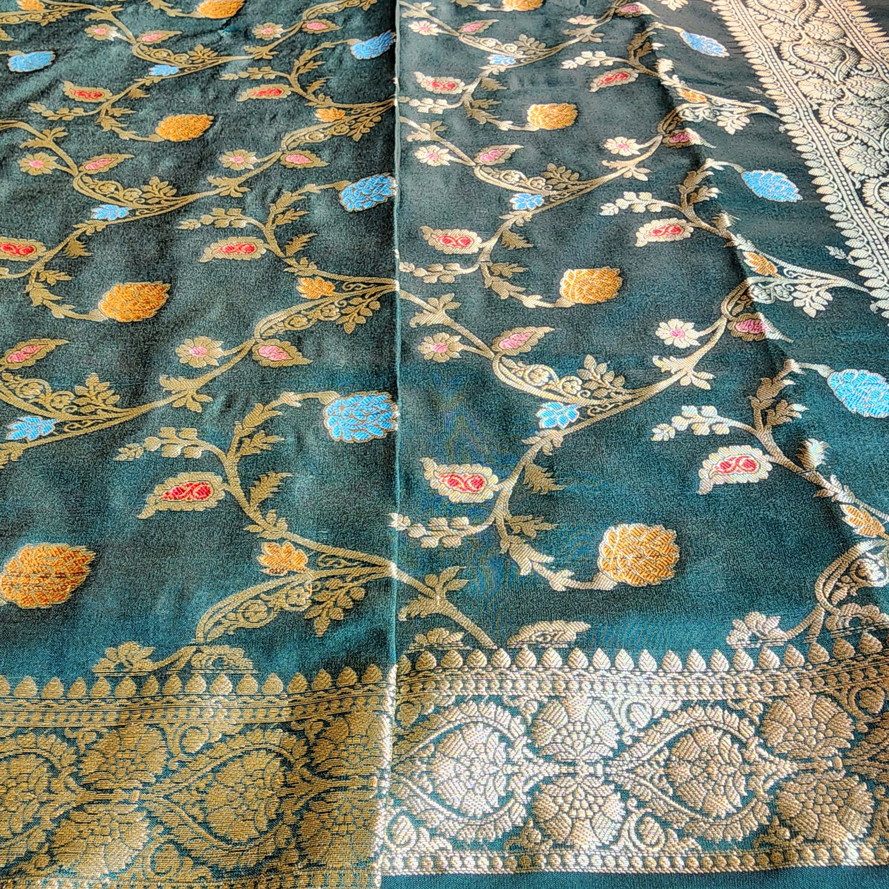 Bottle Green Banarasi Silk Dupatta with Gold Zari Border & Multicolor Meenakari Work