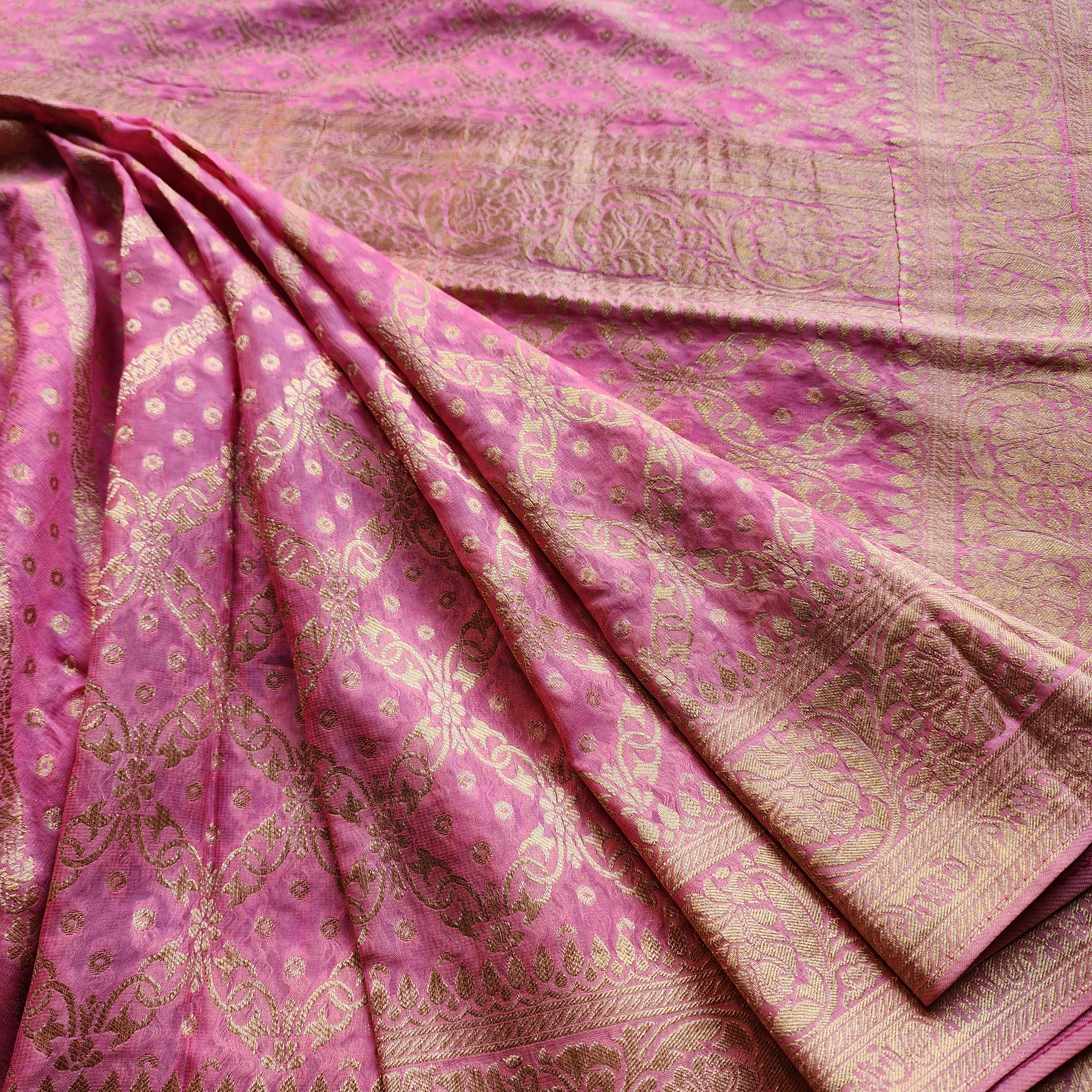 Pastel Pink Pure Khaddi Georgette Banarasi Saree with Golden Zari