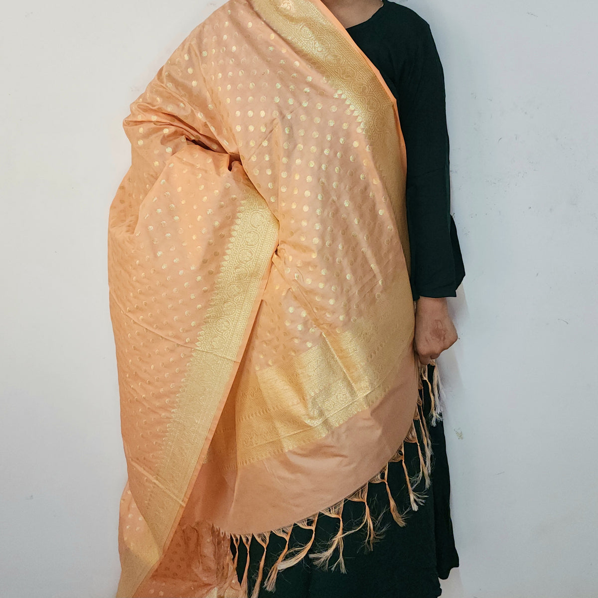 Peach Banarasi Silk Dupatta with Gold Polka Dot