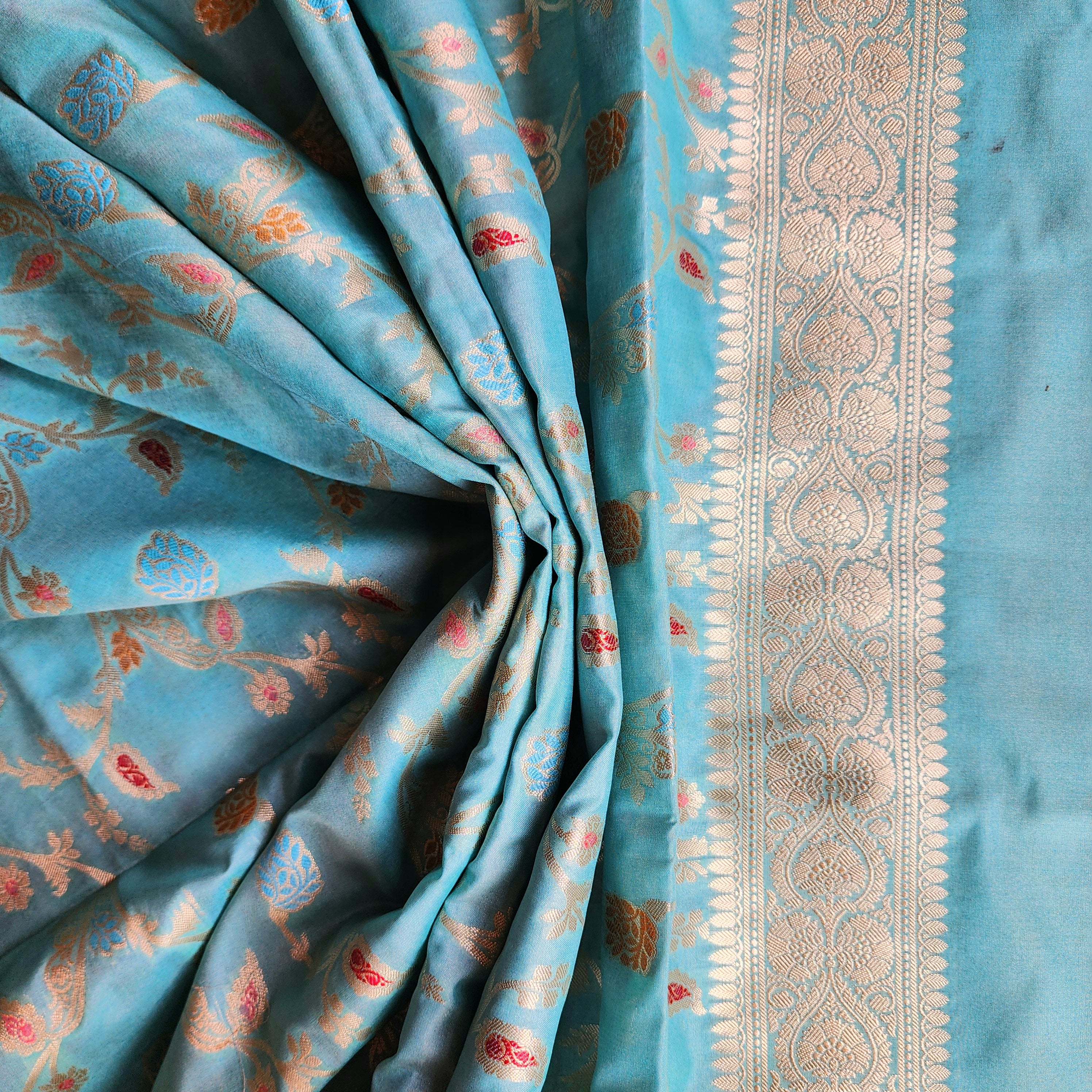 Pastel Sky Blue Banarasi Silk Dupatta with Gold Zari Border & Multicolor Meenakari Work